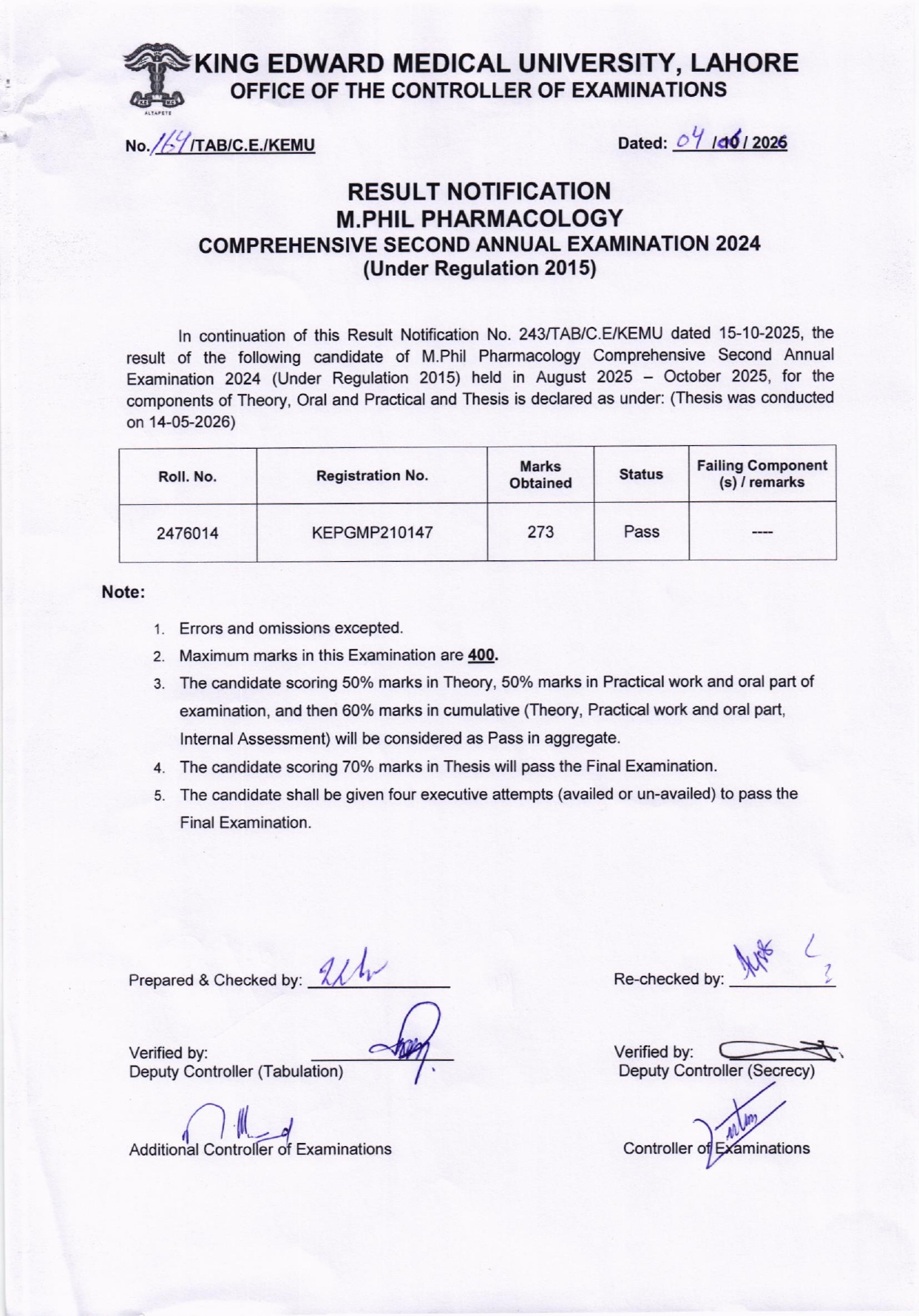 KEMU Result 2026 for MPhil Pharmacology Compr 2nd Annual Exam Released