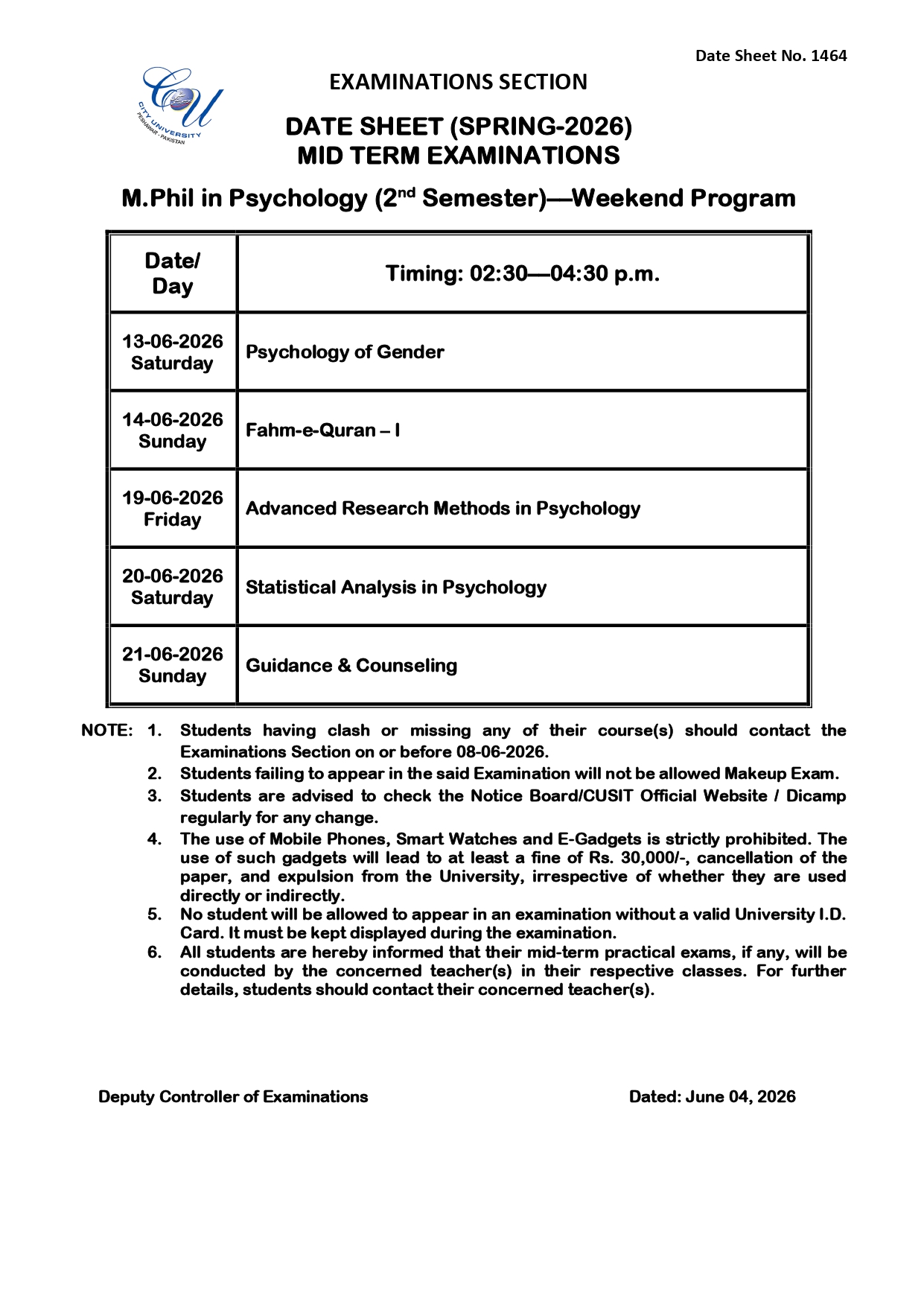 CUSIT Date Sheet 2026 Released for MPhil Psychology Mid Term Exams