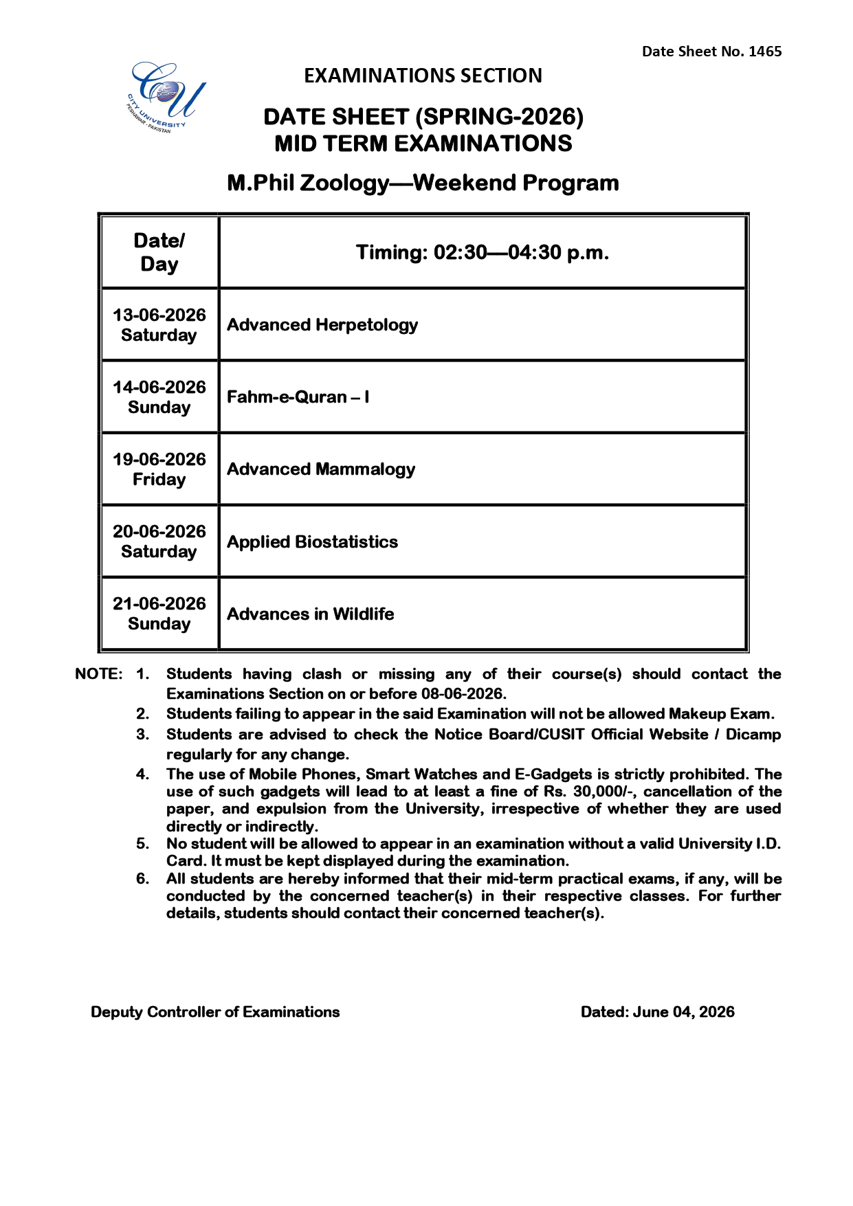 CUSIT Date Sheet 2026 Released for MPhil Zoology Weekend Program Exams