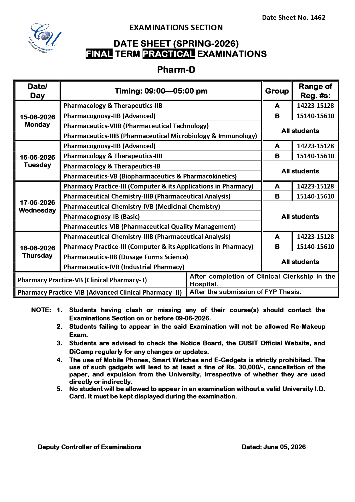 CUSIT Date Sheet 2026 Released for PharmD Final Term Practical Exams