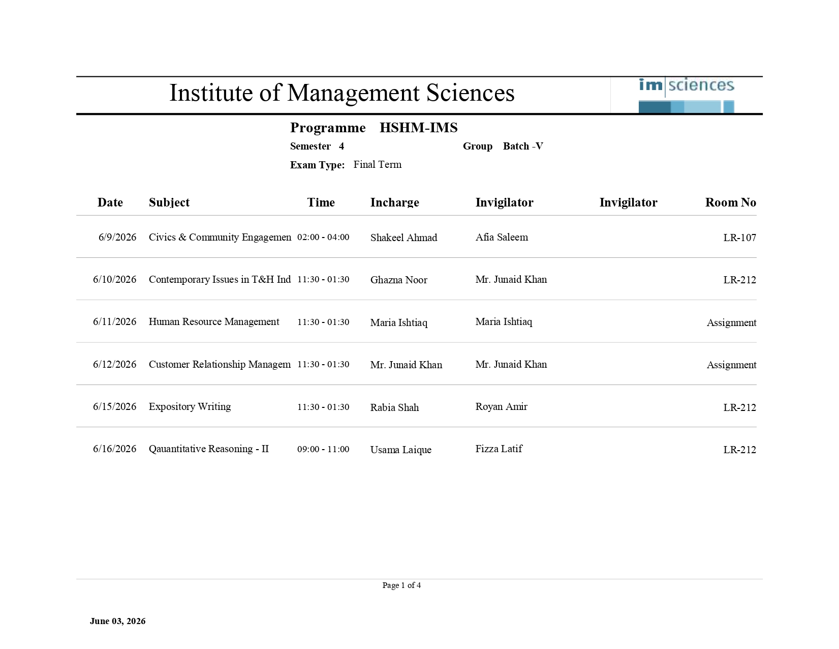 IMS Declares Date Sheet 2026 for HSHM Final Term Exams