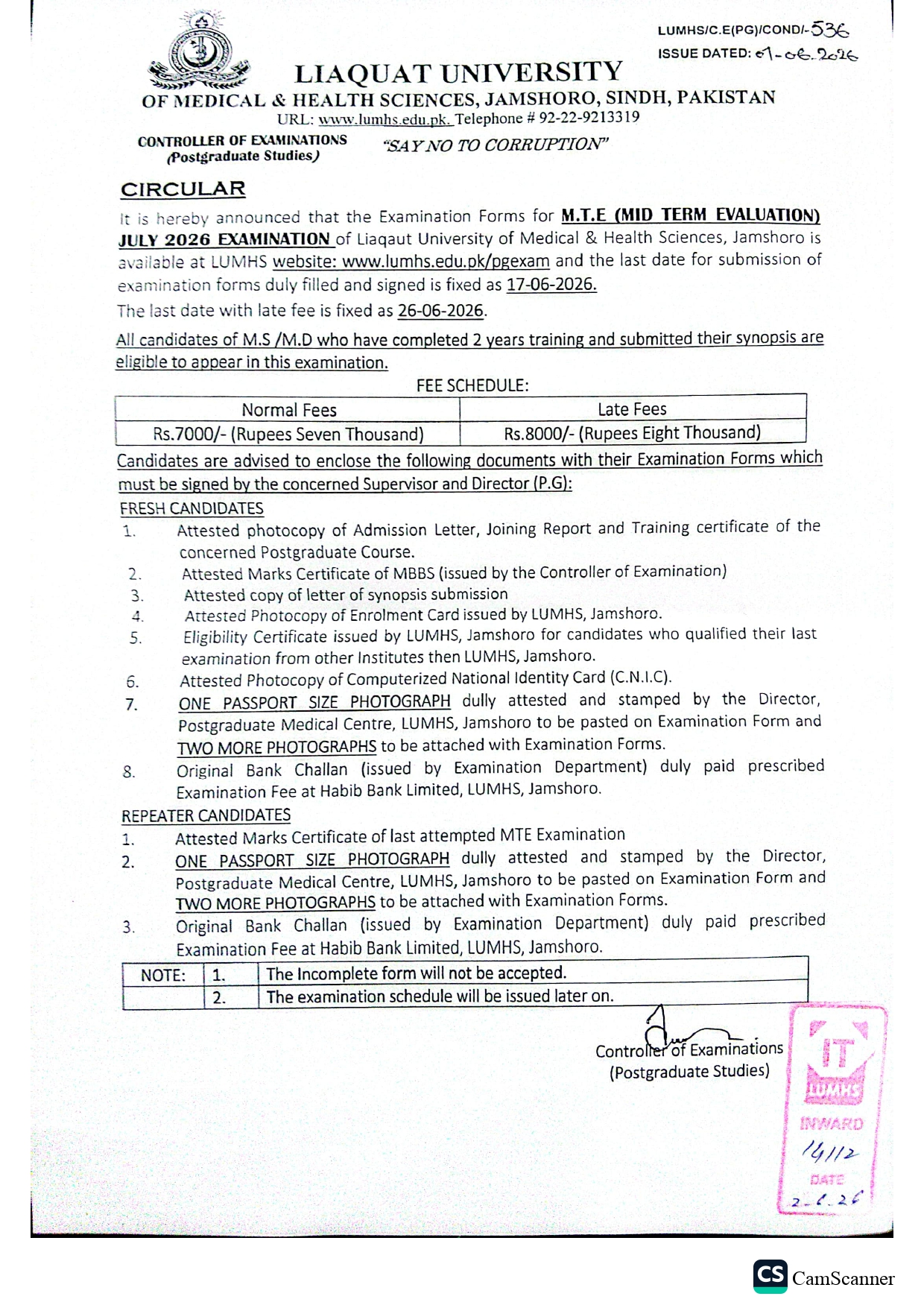 LUMHS Exam Form & Fee Notice 2026 Issued for MTE July Exam