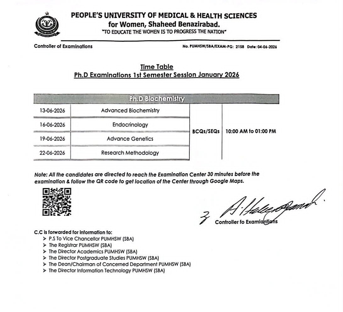 PUMHS Publishes Date Sheet 2026 for PhD Exams