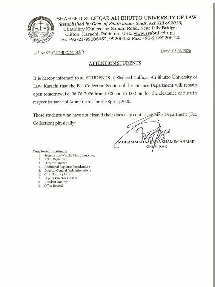 SZABUL Releases Dues Clearance Notice 2026 for Spring Admit Cards