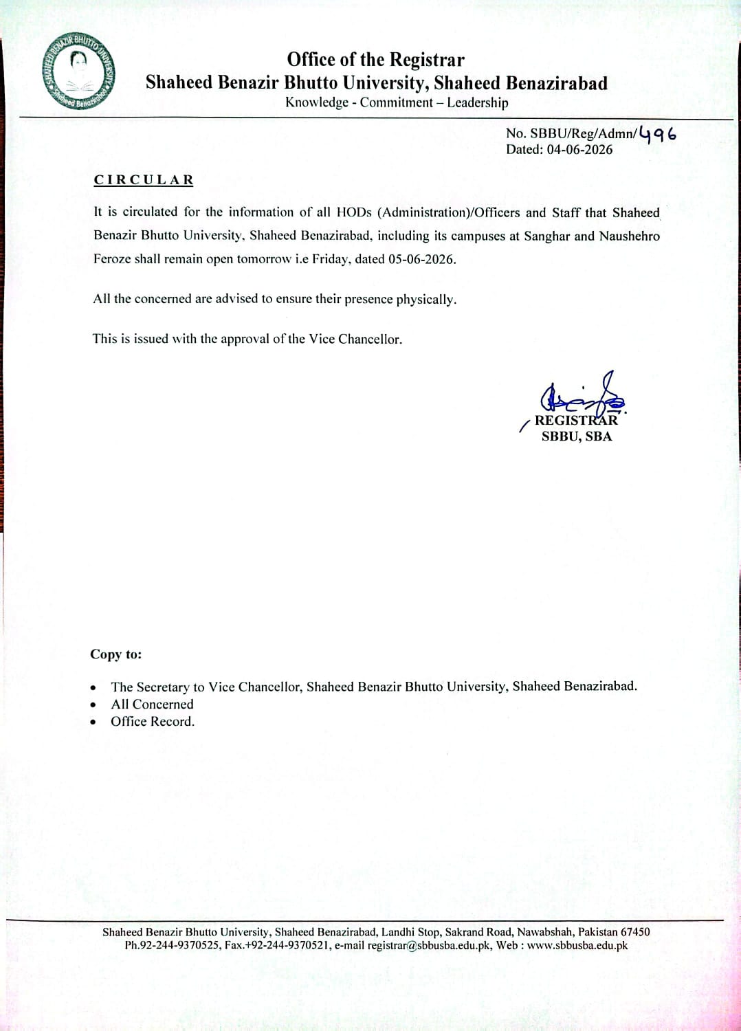 SBBU University Opening Notice 2026 Issued