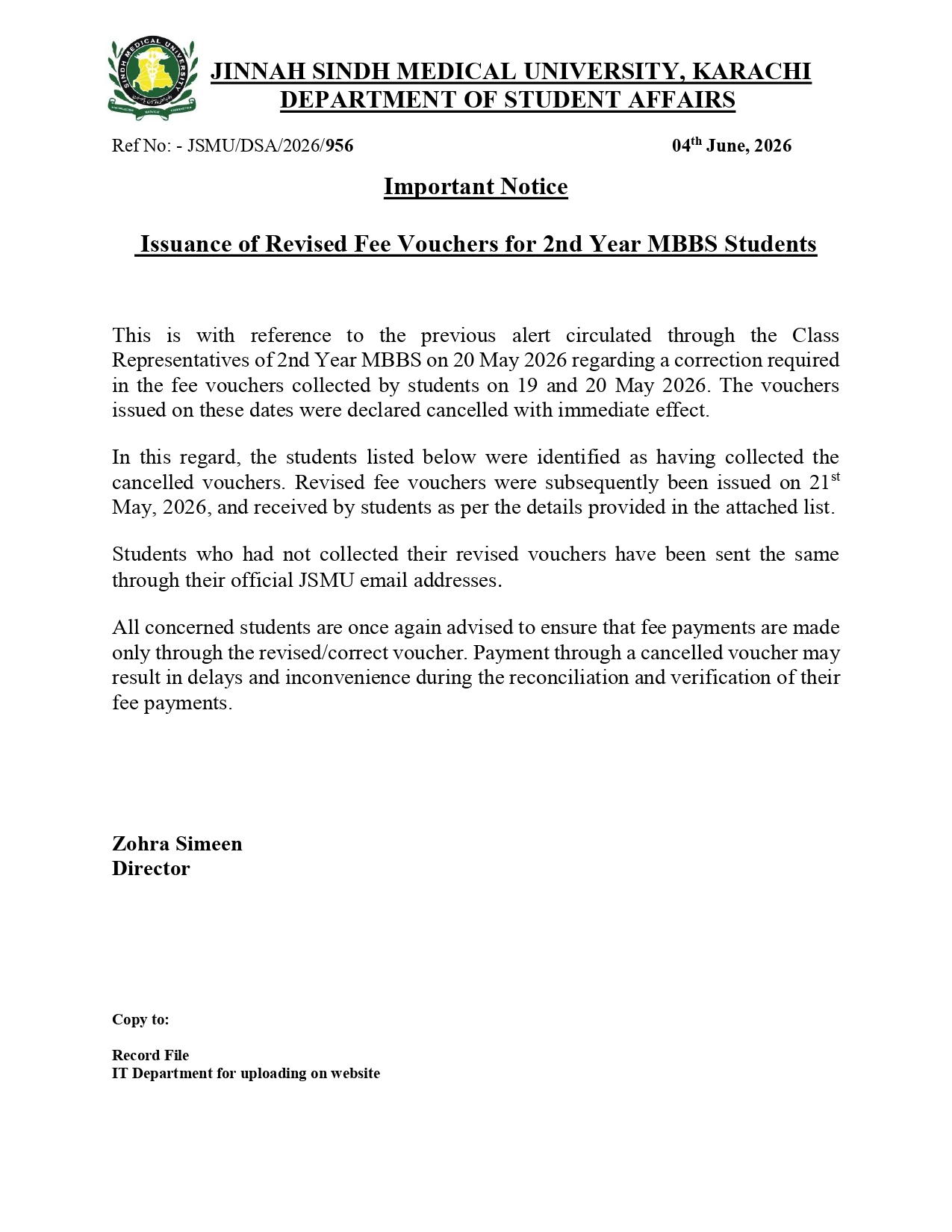 JSMU Fee Vouchers Notice 2026 Issued for 2nd Year MBBS Students