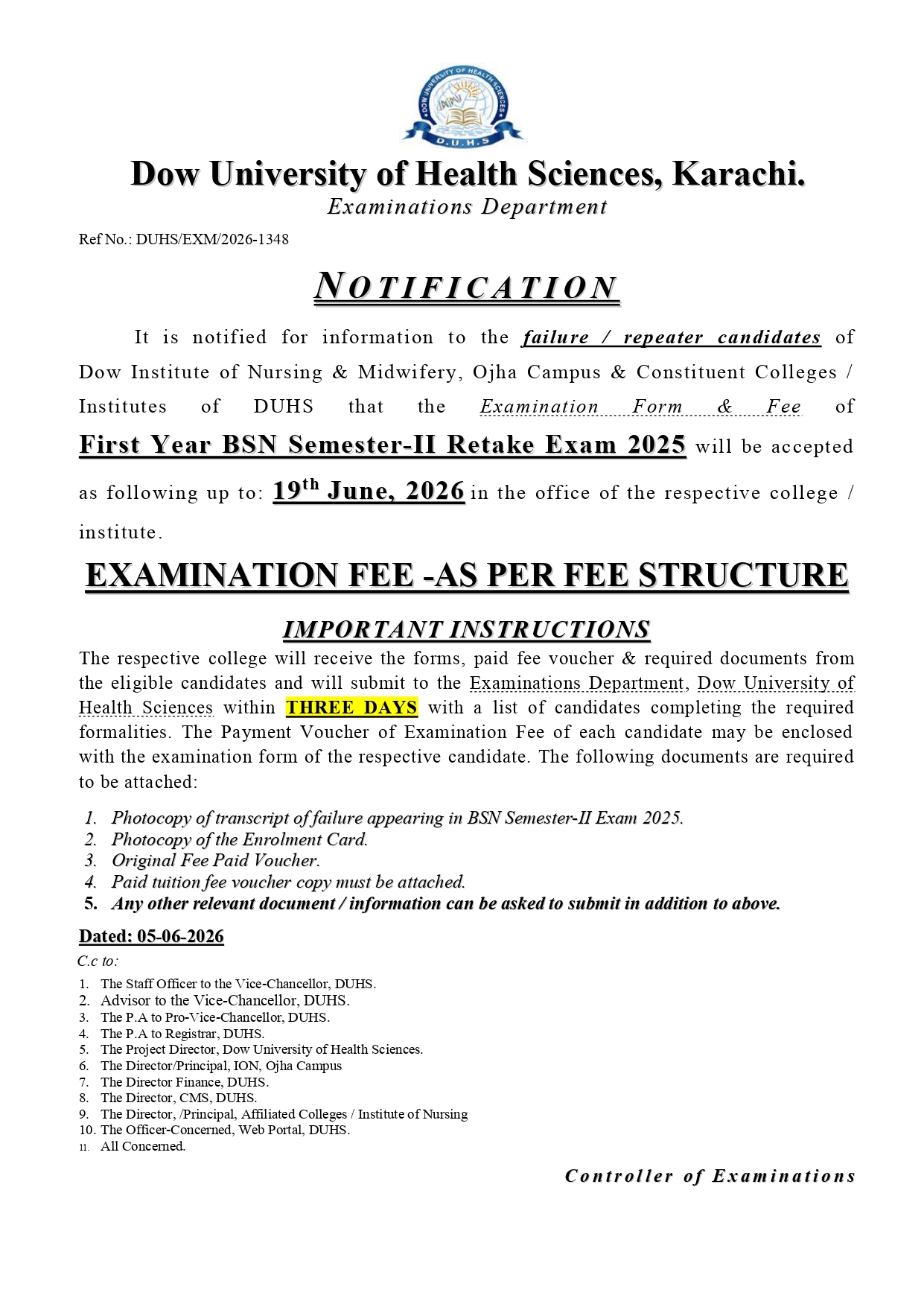 DUHS Exam Form & Fee Notice 2026 for BSN Semester II Retake Exam