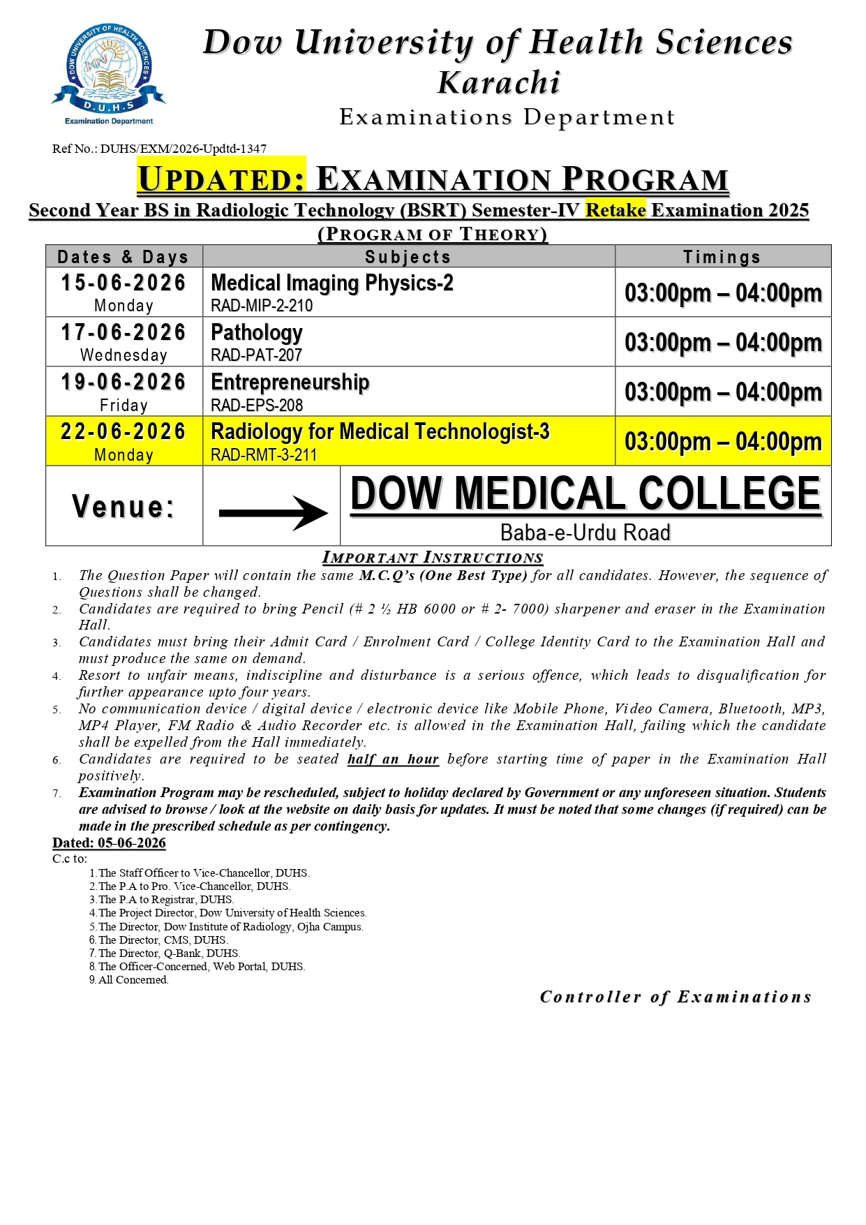DUHS Date Sheet 2026 Released for BSRT 2nd Year Sem IV Retake Exams