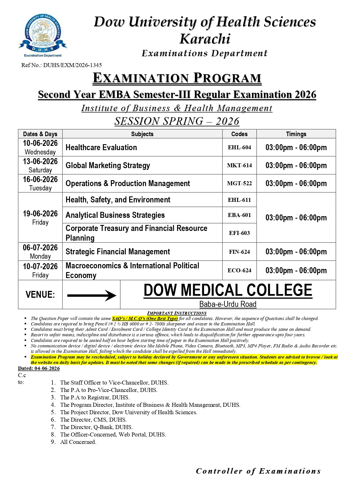 DUHS Date Sheet 2026 Released for EMBA Program Exams