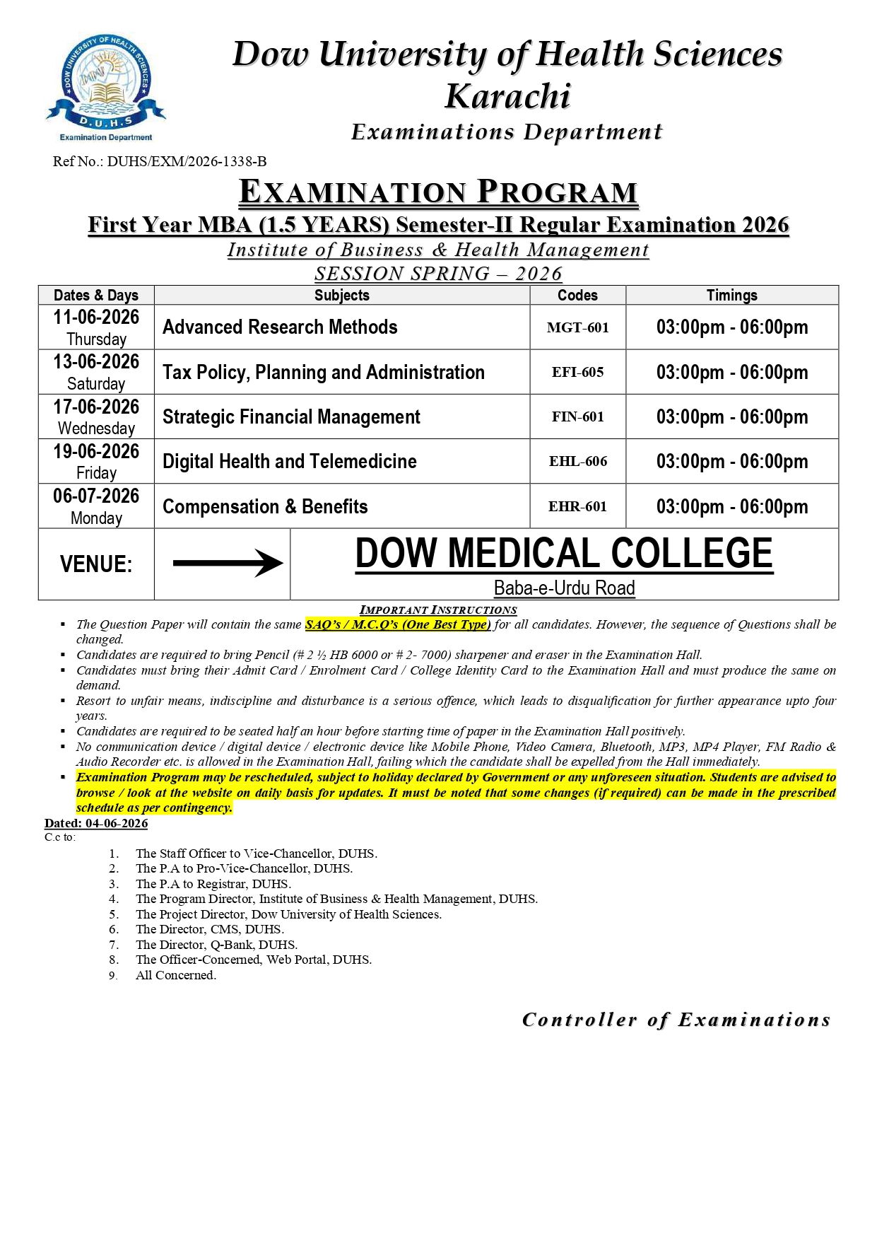 DUHS Date Sheet 2026 Released for MBA 1.5 Year Program Exams
