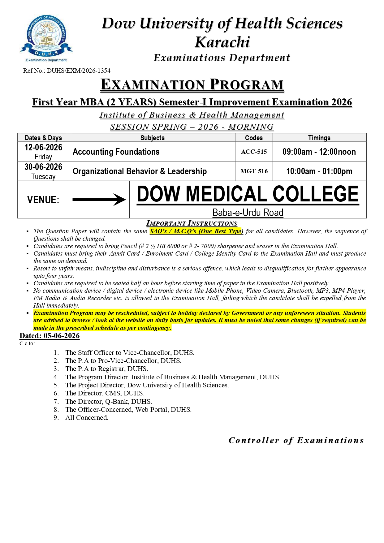 DUHS Date Sheet 2026 Released for MBA 2 Years Program Exams