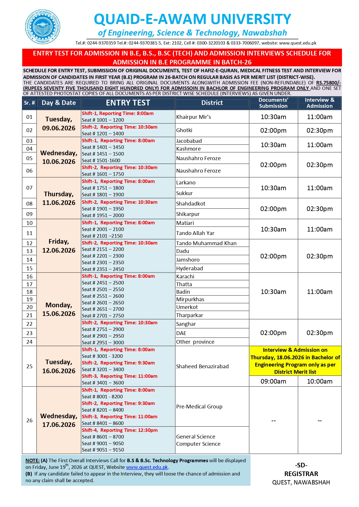 QUEST BE, BS & BSc Programs Entry Test & Admission Interview Schedule 2026 Out