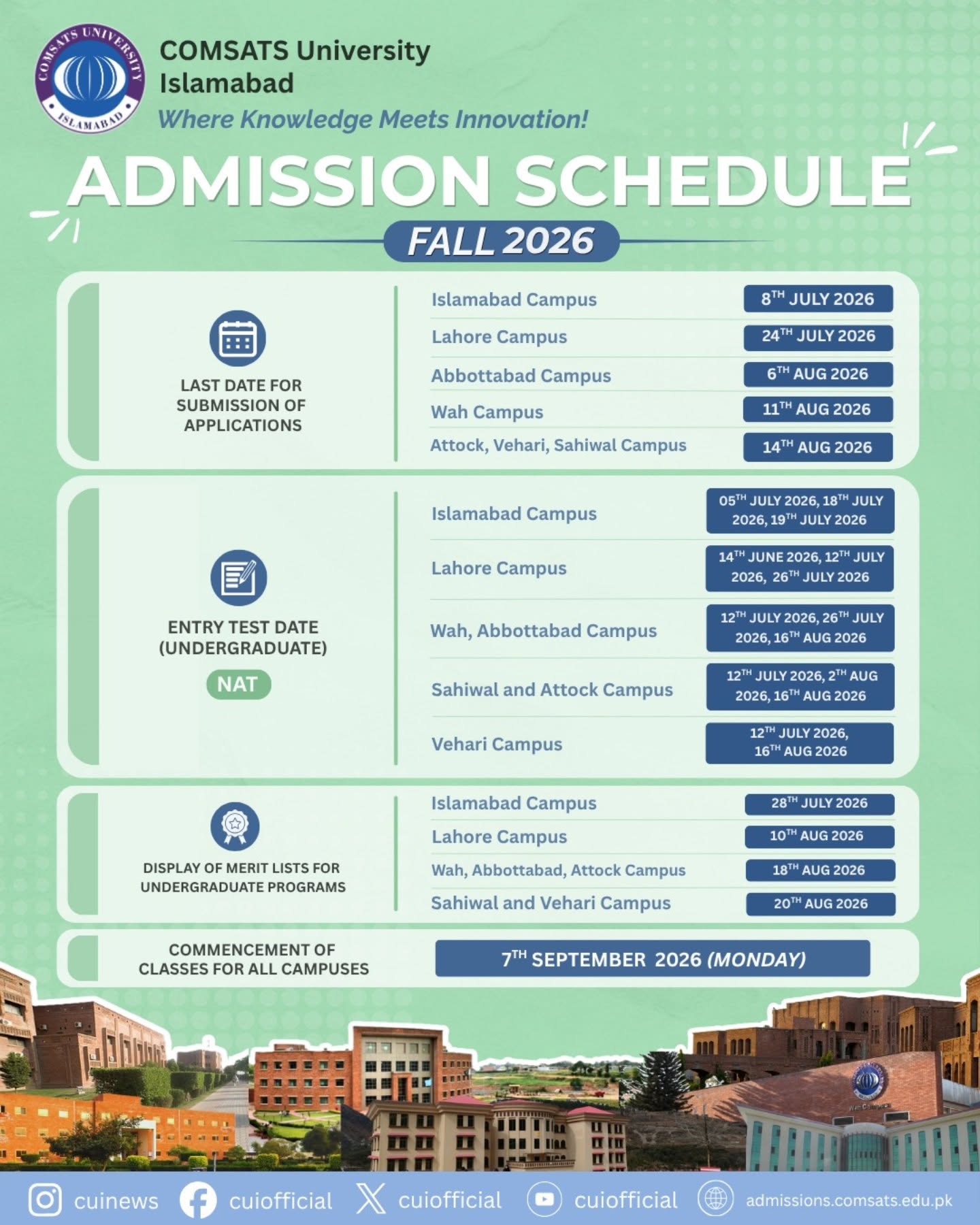 COMSATS Islamabad Campus Fall 2026 Admission Schedule Released COMSATS Islamabad Campus Fall 2026 Admission Schedule Released