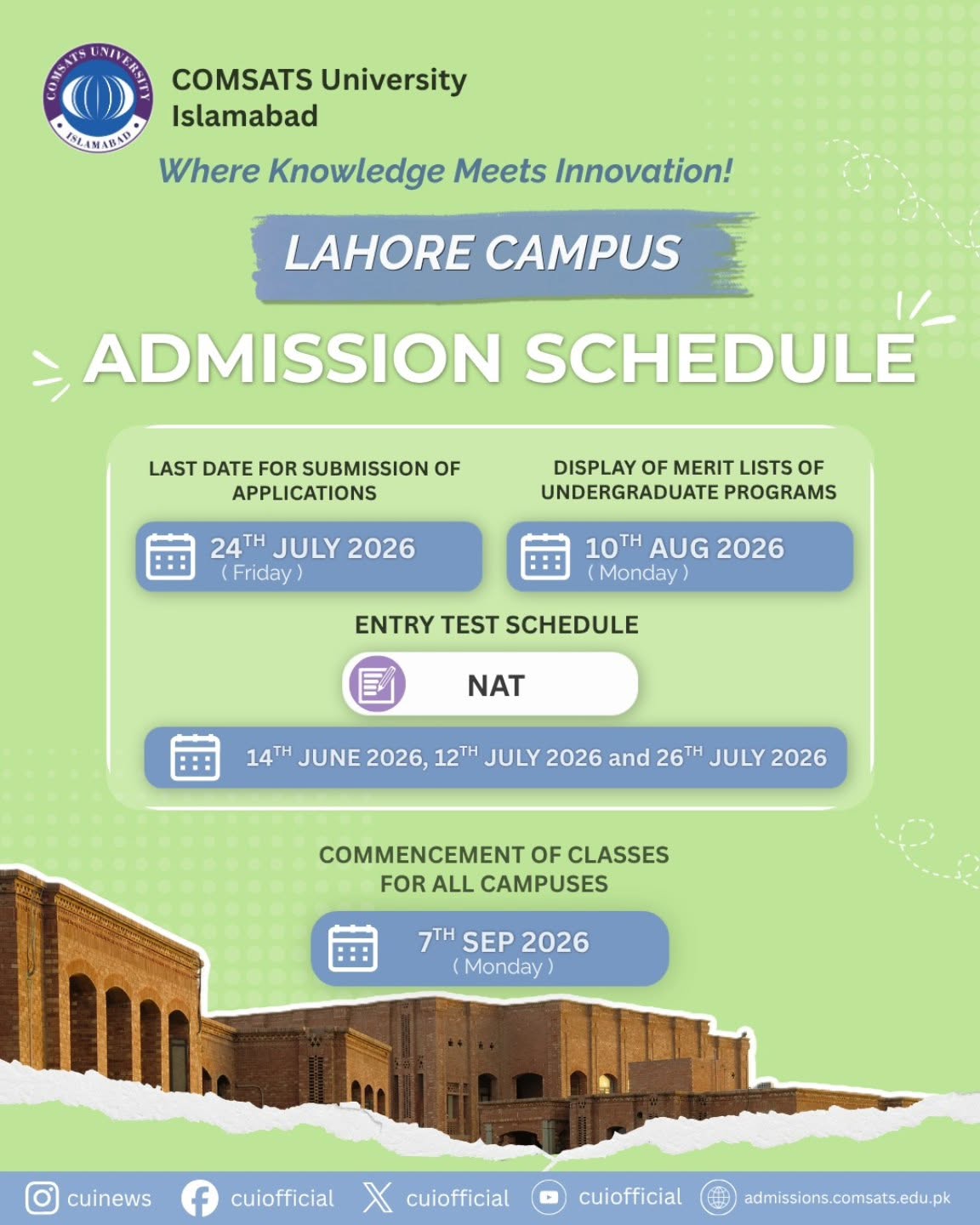 COMSATS Lahore Campus Admission Schedule 2026 Announced COMSATS Lahore Campus Admission Schedule 2026 Announced