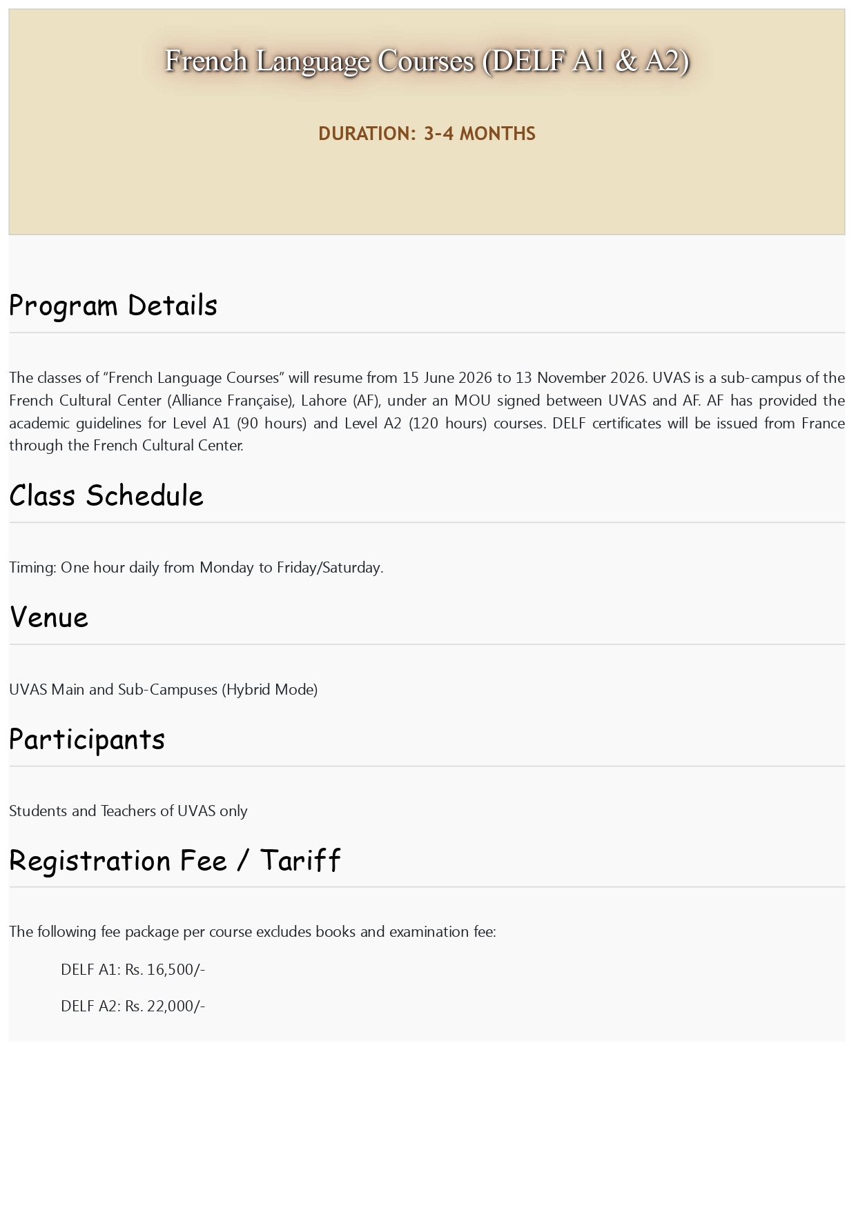 UVAS Announces French Language Courses DELF A1 & A2 2026 UVAS Announces French Language Courses DELF A1 & A2 2026