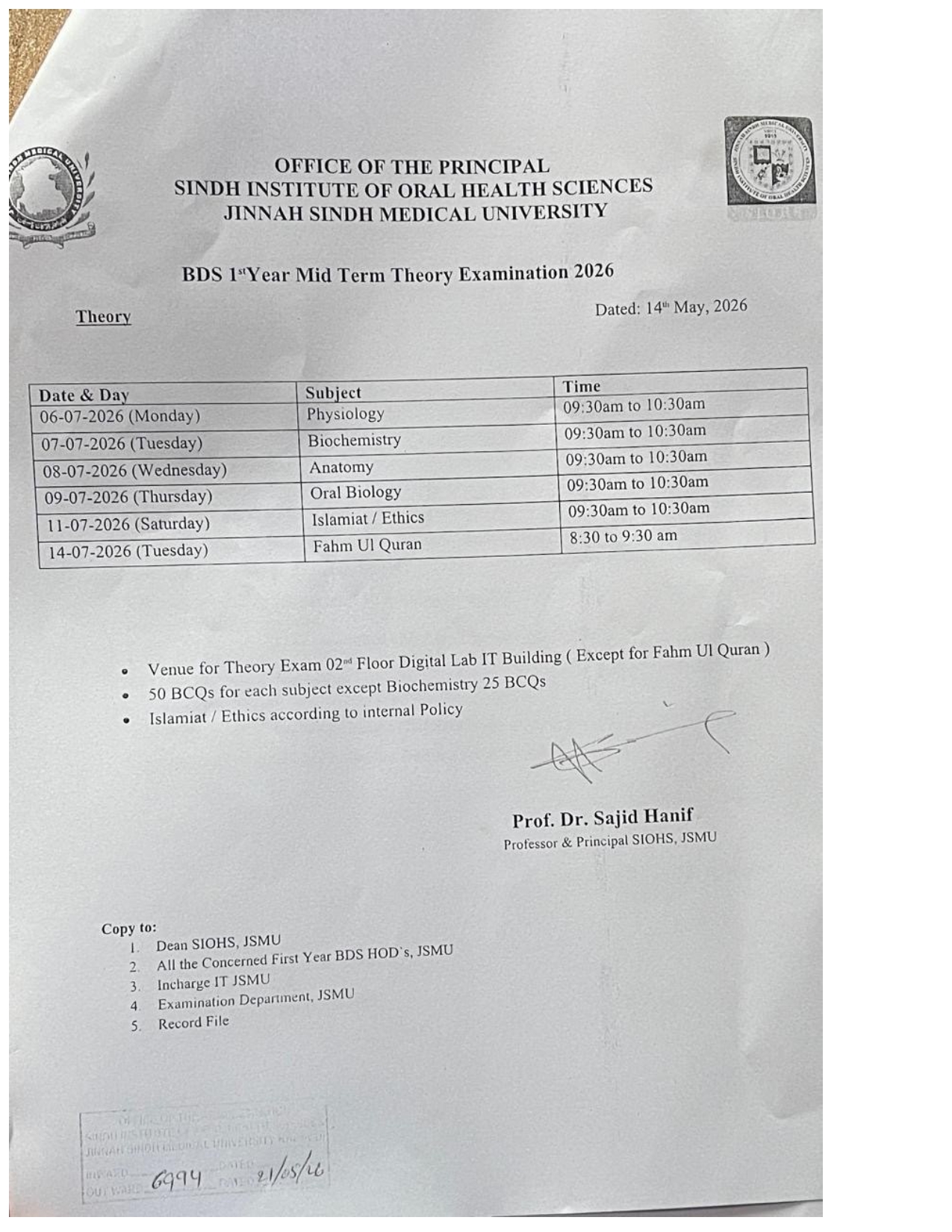 JSMU Releases Time Table 2026 for BDS 1st Year Mid Term Theory Exams