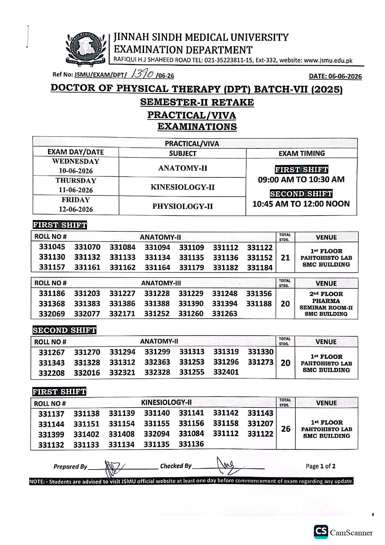 JSMU Announces DPT Program Exam Date Sheet 2026