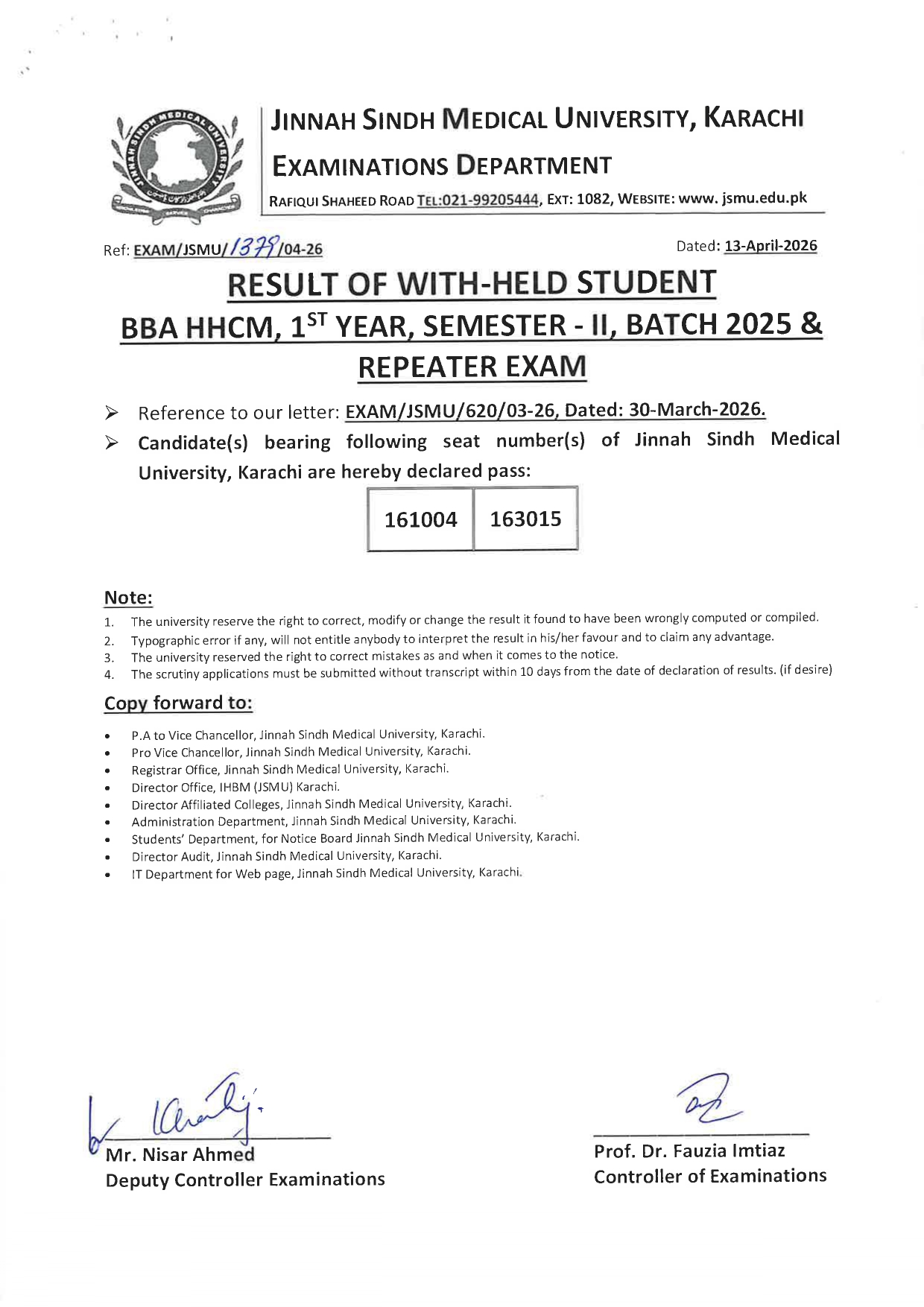 JSMU Releases BBA HHCM Programs Results 2026