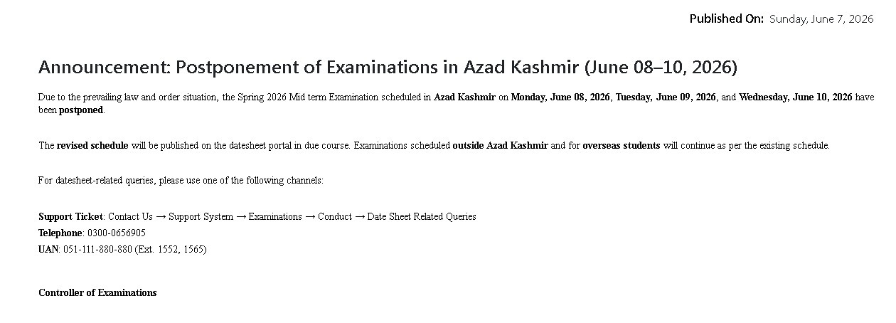 VU Postpones Spring 2026 Mid Term Exams in Azad Kashmir Centers VU Postpones Spring 2026 Mid Term Exams in Azad Kashmir Centers