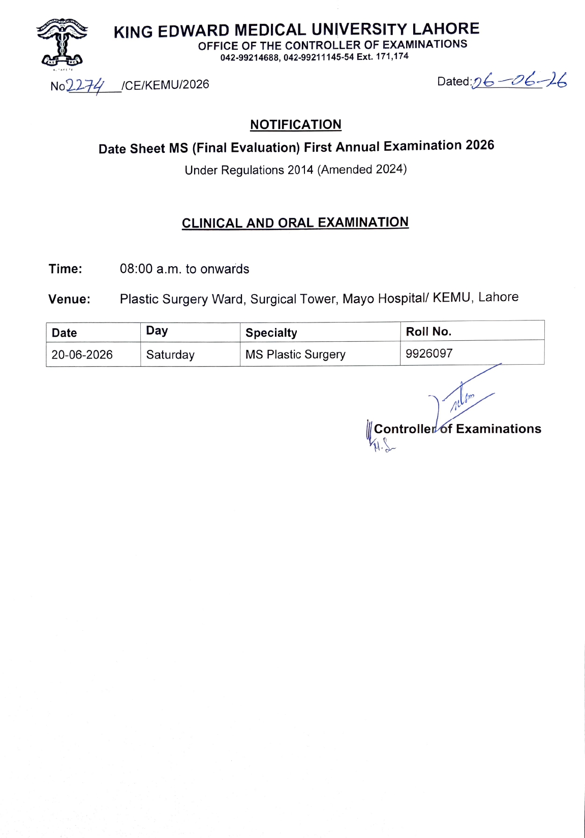 KEMU Releases MS & MD Program Exams Date Sheet 2026 KEMU Releases MS & MD Program Exams Date Sheet 2026