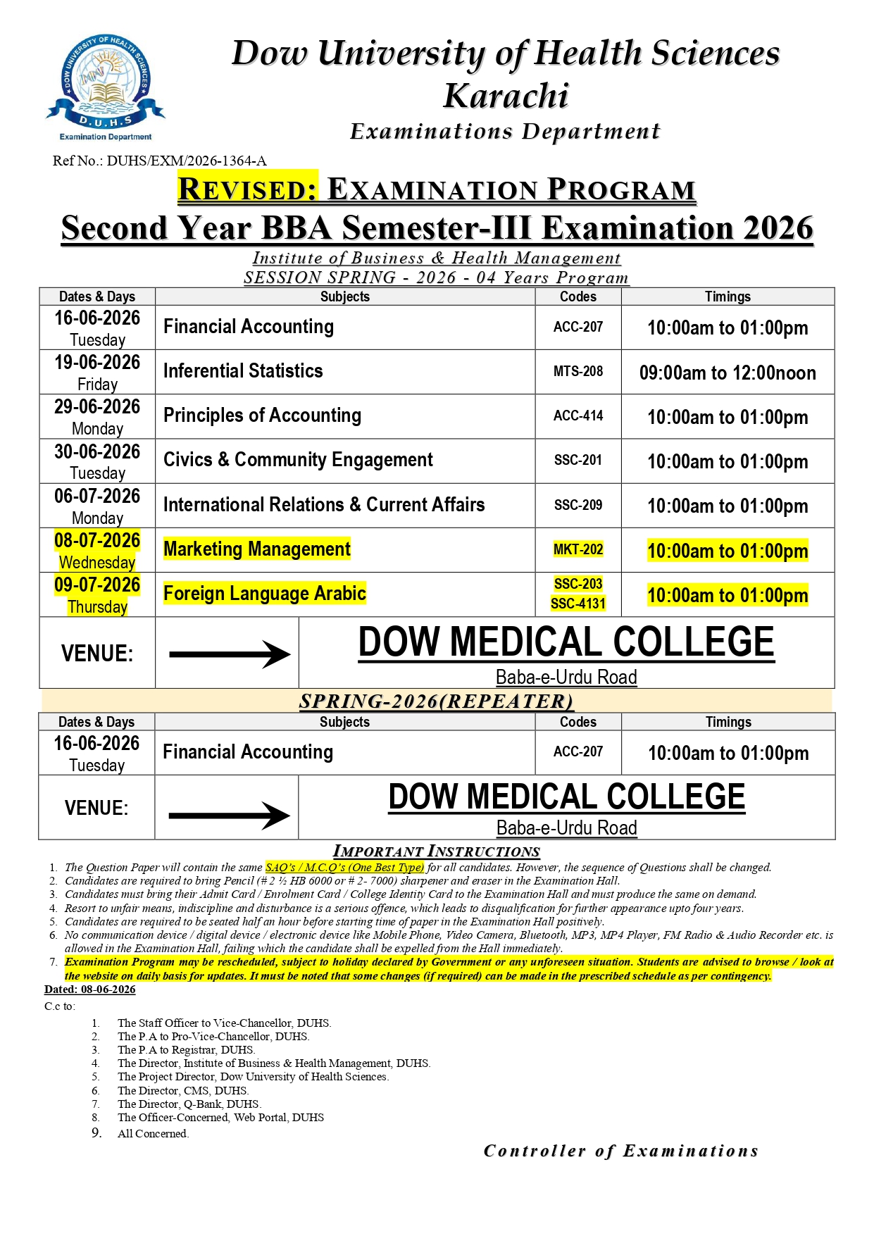 DUHS Announces BBA 2nd Year Date Sheet 2026 DUHS Announces BBA 2nd Year Date Sheet 2026