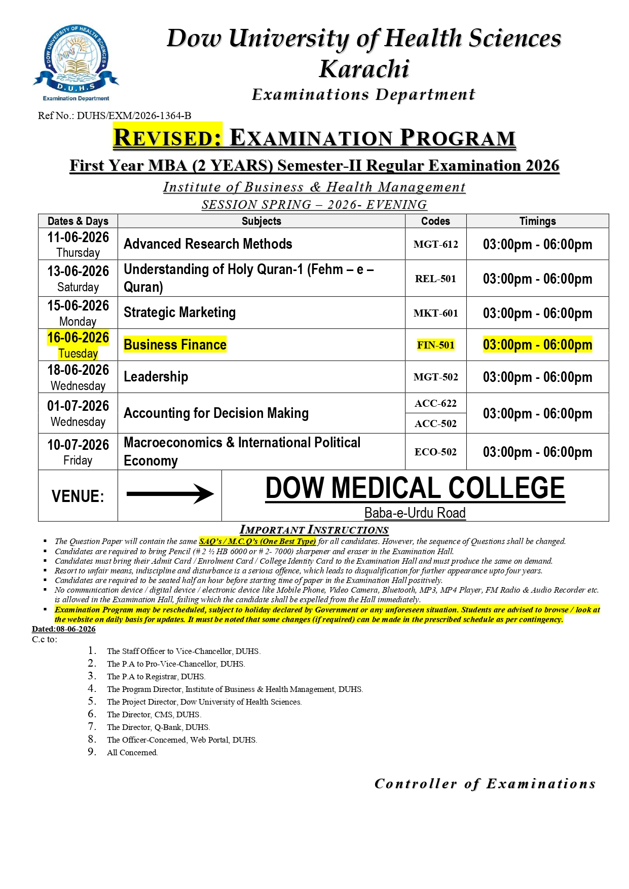DUHS Releases MBA Semester II Regular Exams Date Sheet 2026 DUHS Releases MBA Semester II Regular Exams Date Sheet 2026
