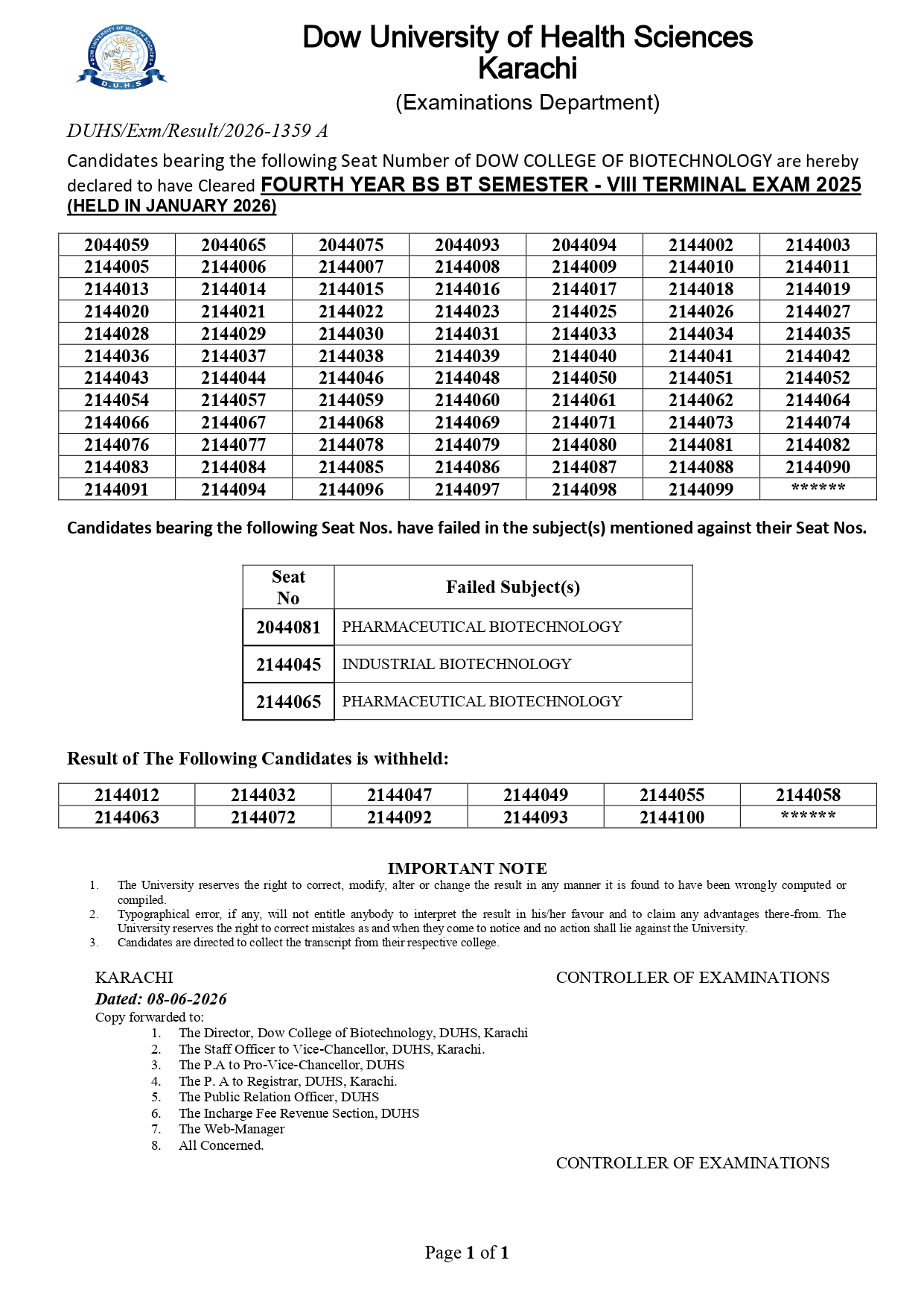 DUHS Announces BS Biotechnology Semester VIII Terminal Exam Result 2026 DUHS Announces BS Biotechnology Semester VIII Terminal Exam Result 2026
