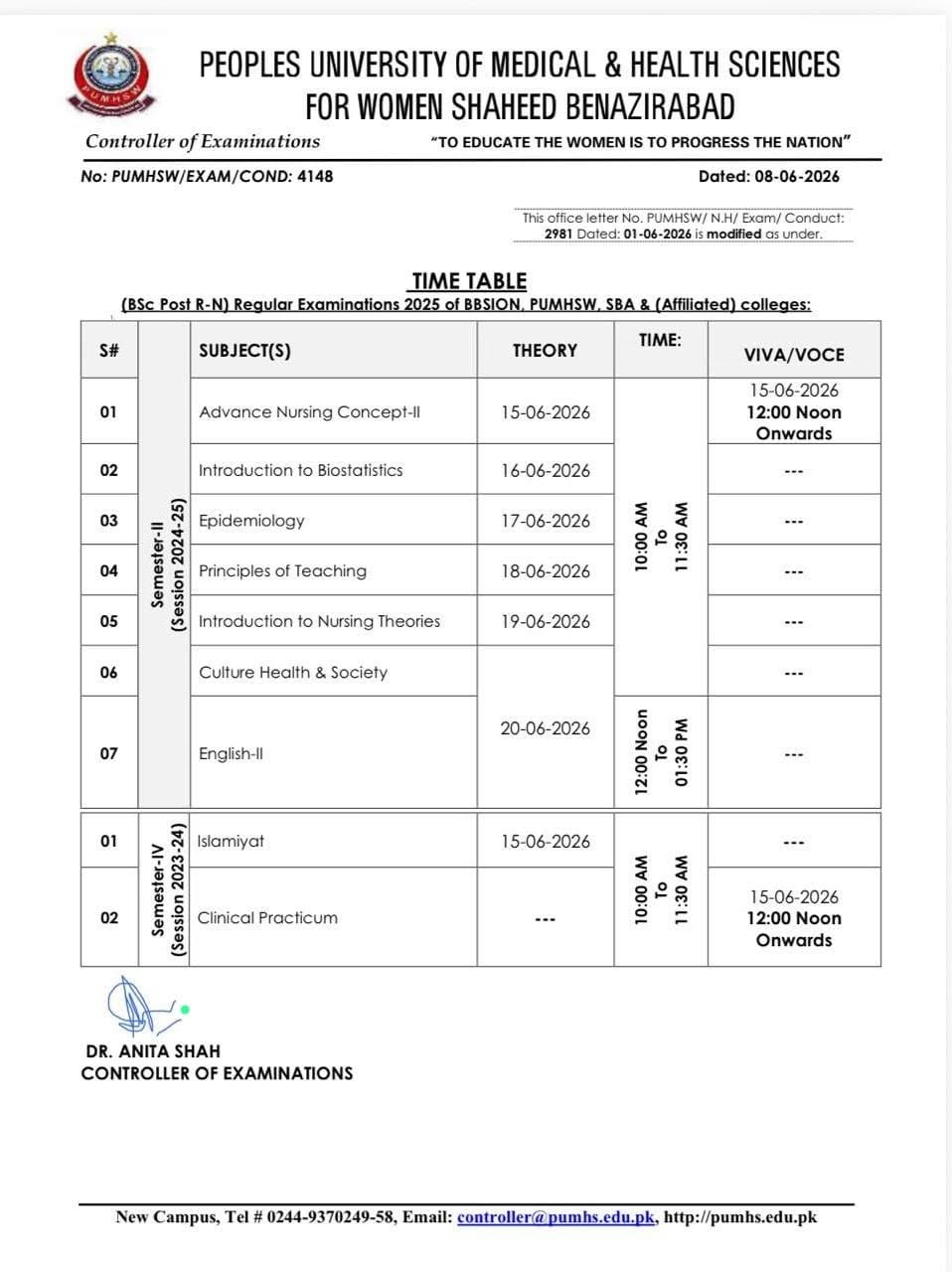 PUMHS BSc Exams Time Table 2026 Announced PUMHS BSc Exams Time Table 2026 Announced