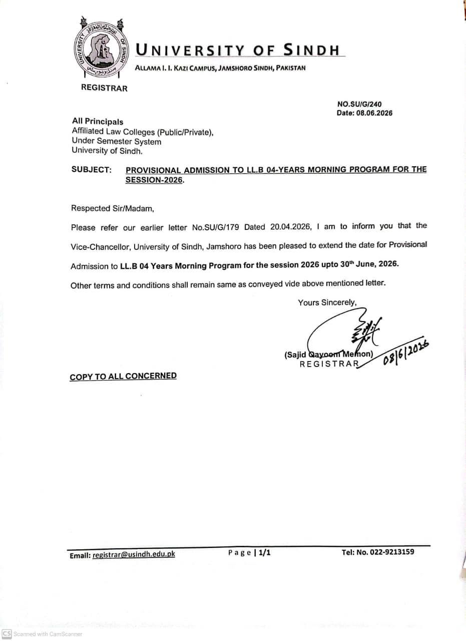 USindh LLB Program Admission Deadline Extended 2026 USindh LLB Program Admission Deadline Extended 2026
