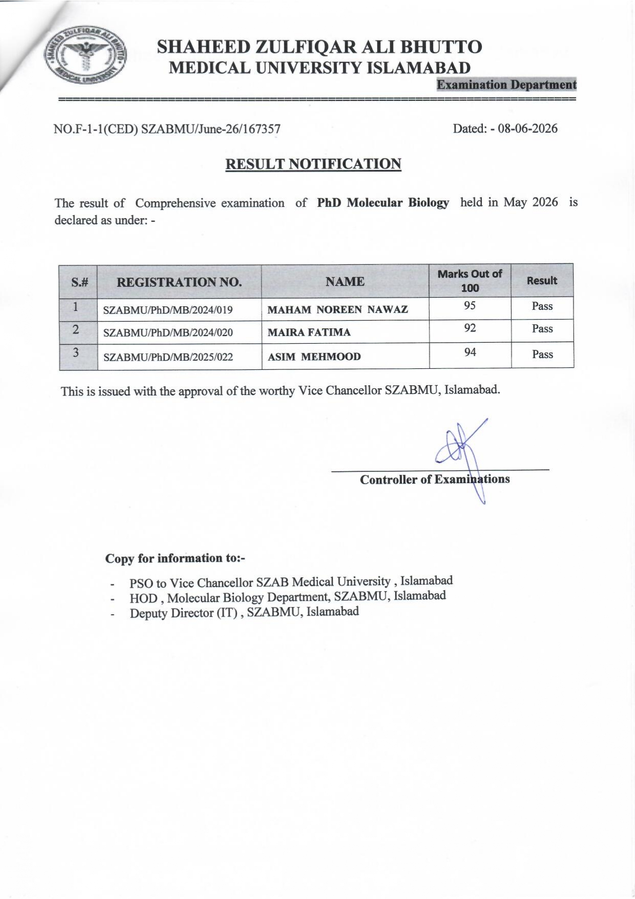 SZABMU PhD Molecular Biology Result 2026 Published SZABMU PhD Molecular Biology Result 2026 Published