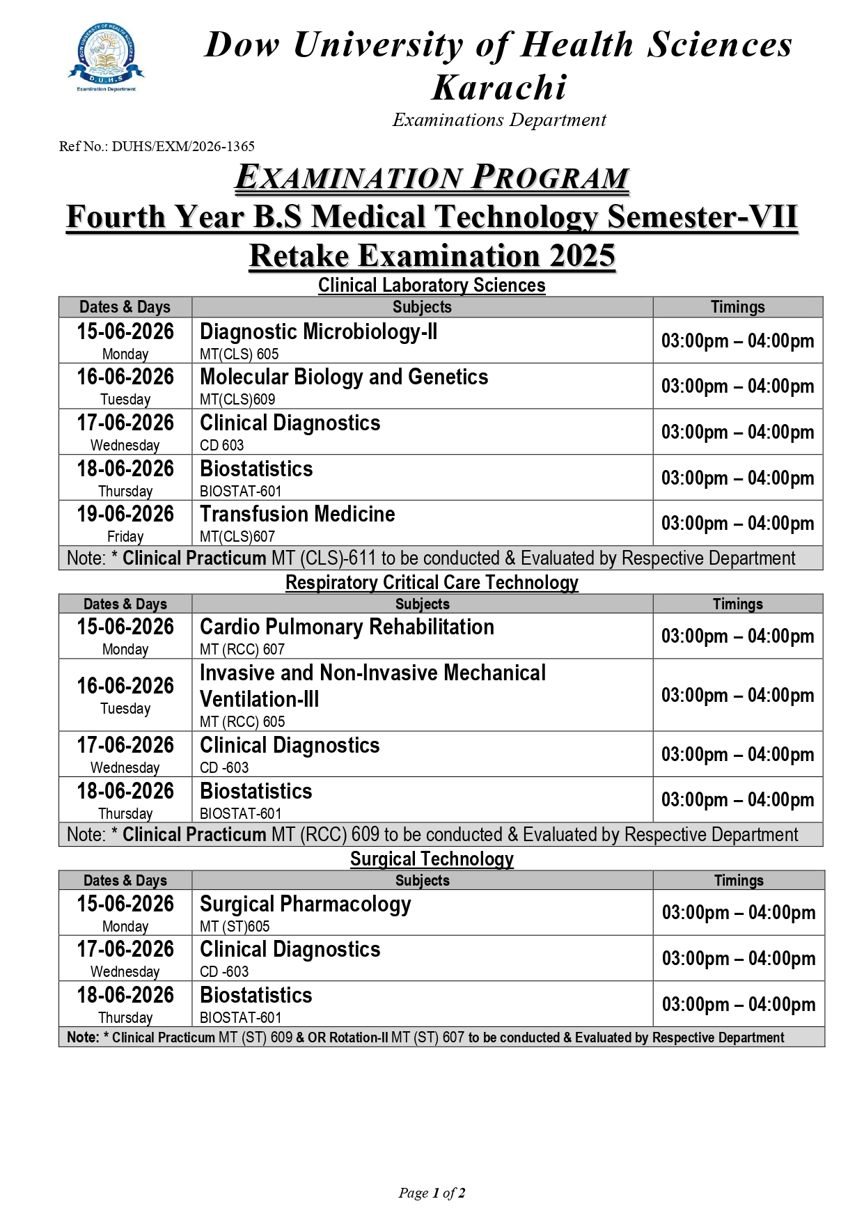 DUHS Date Sheet 2026 Announced for 4th Year BSMT Sem VII Retake Exams