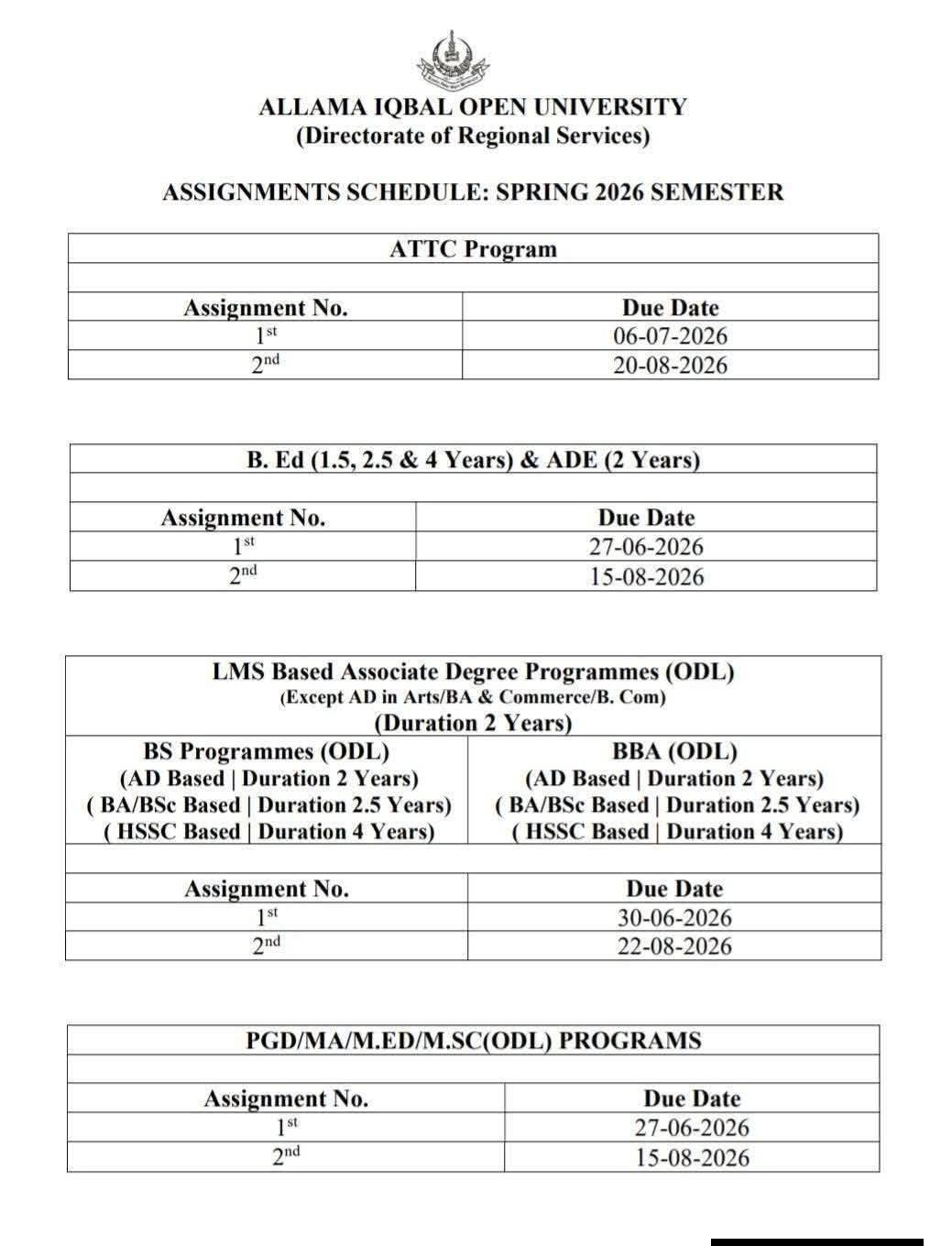 AIOU Spring 2026 Assignment Schedule Formally Announced AIOU Spring 2026 Assignment Schedule Formally Announced