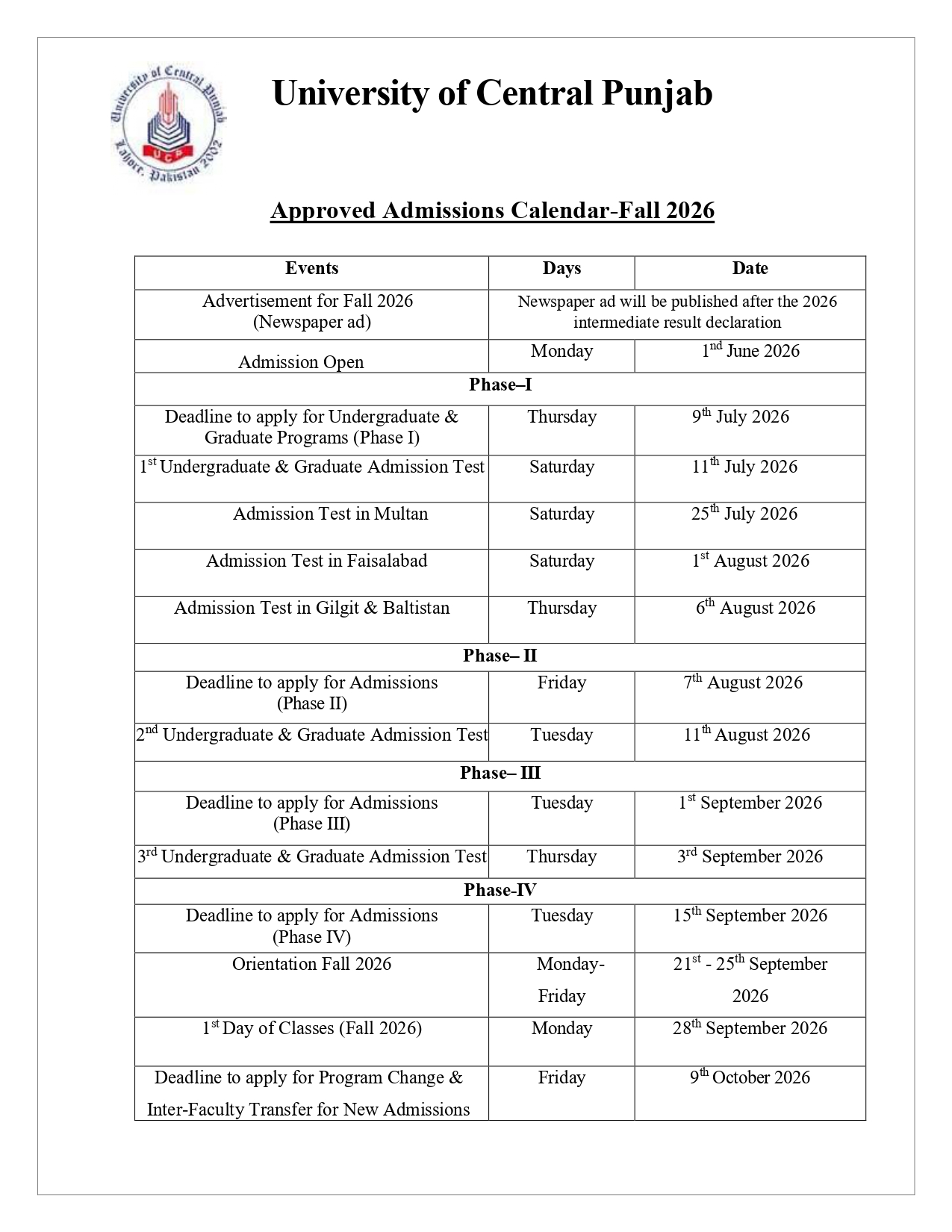 UCP Announces Academic Calendar for Fall 2026 UCP Announces Academic Calendar for Fall 2026