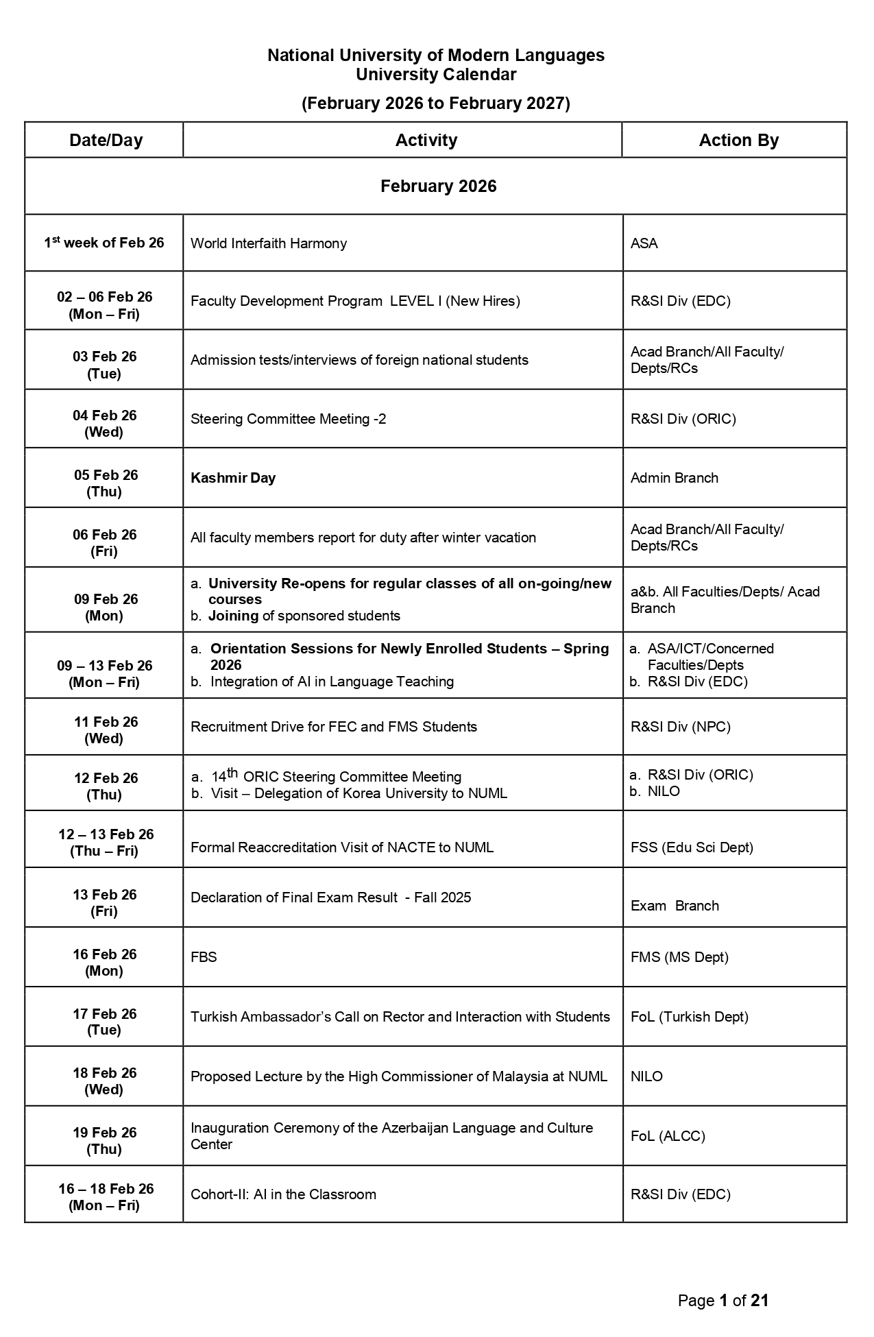 NUML Announces University Calendar for Session 2026-2027