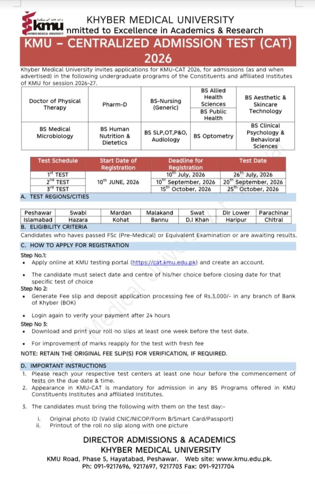 KMU KMUCAT Notice 2026 Announced for Undergraduate Admissions