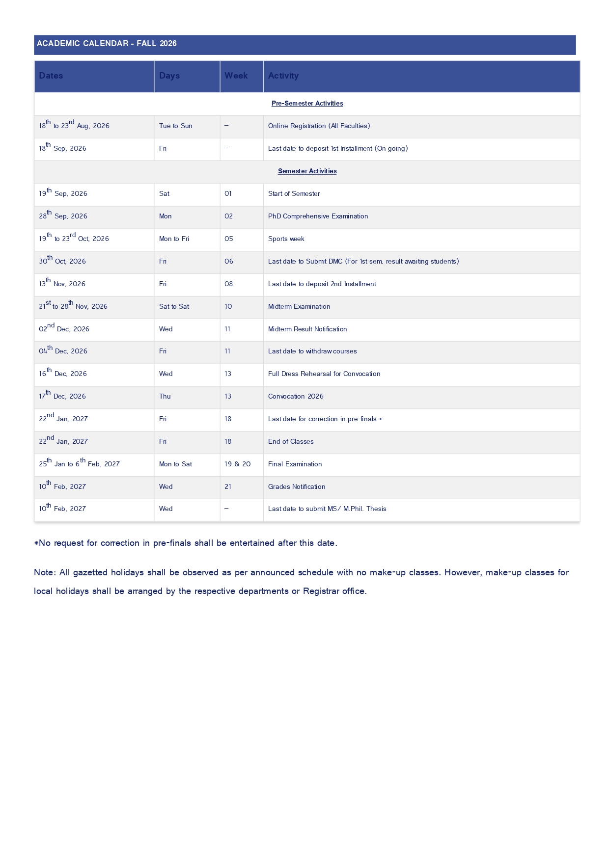CUST Releases Academic Calendar for Fall 2026 CUST Releases Academic Calendar for Fall 2026