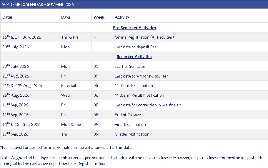 CUST Academic Calendar 2026 Released for Summer Session CUST Academic Calendar 2026 Released for Summer Session