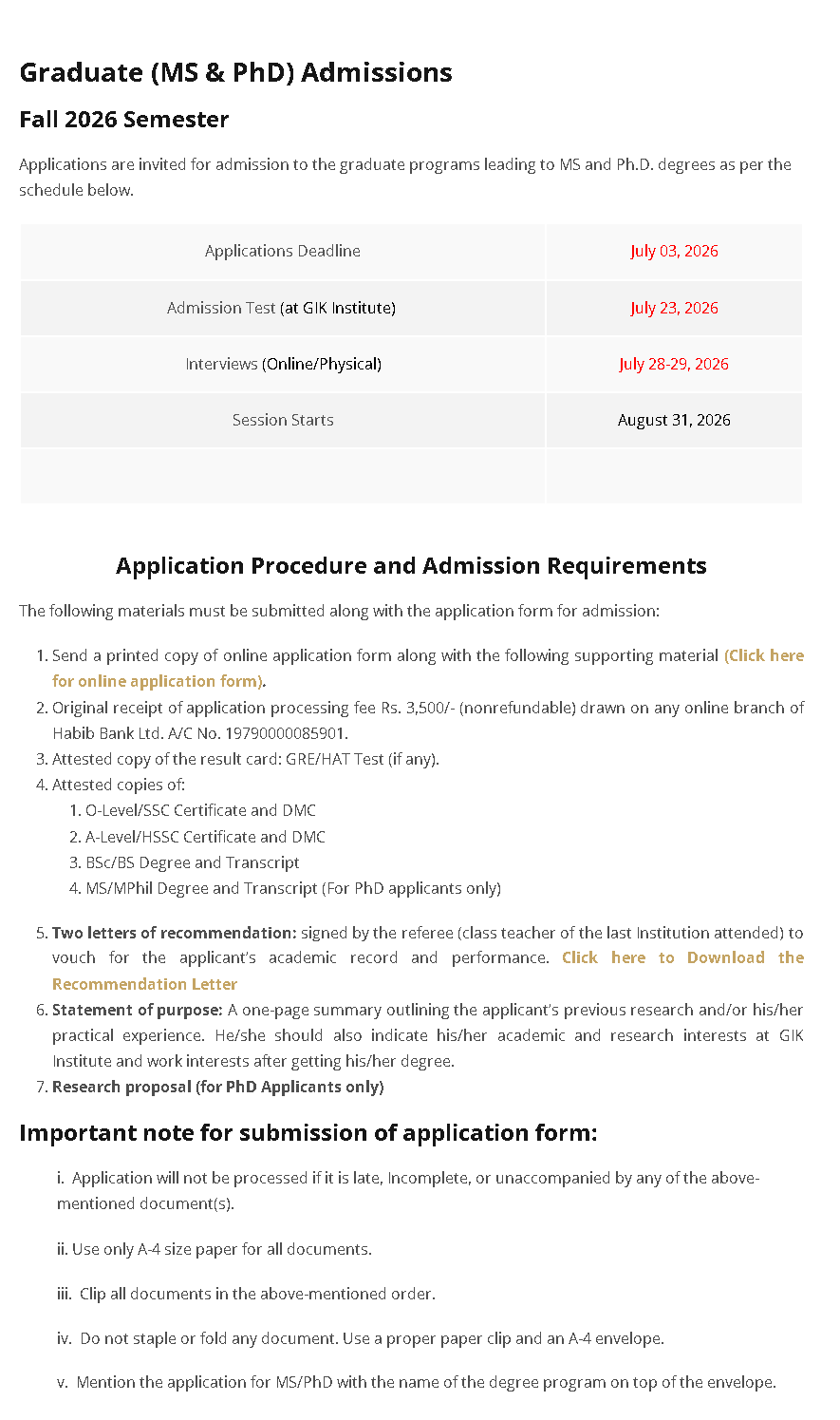 GIKI Admission Notice 2026 Announced for MS & PhD Programs GIKI Admission Notice 2026 Announced for MS & PhD Programs