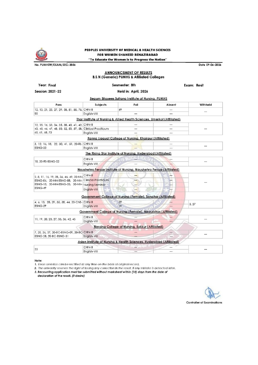 PUMHS Result 2026 Announced for Final Year BSN 8th Semester Resit Exams