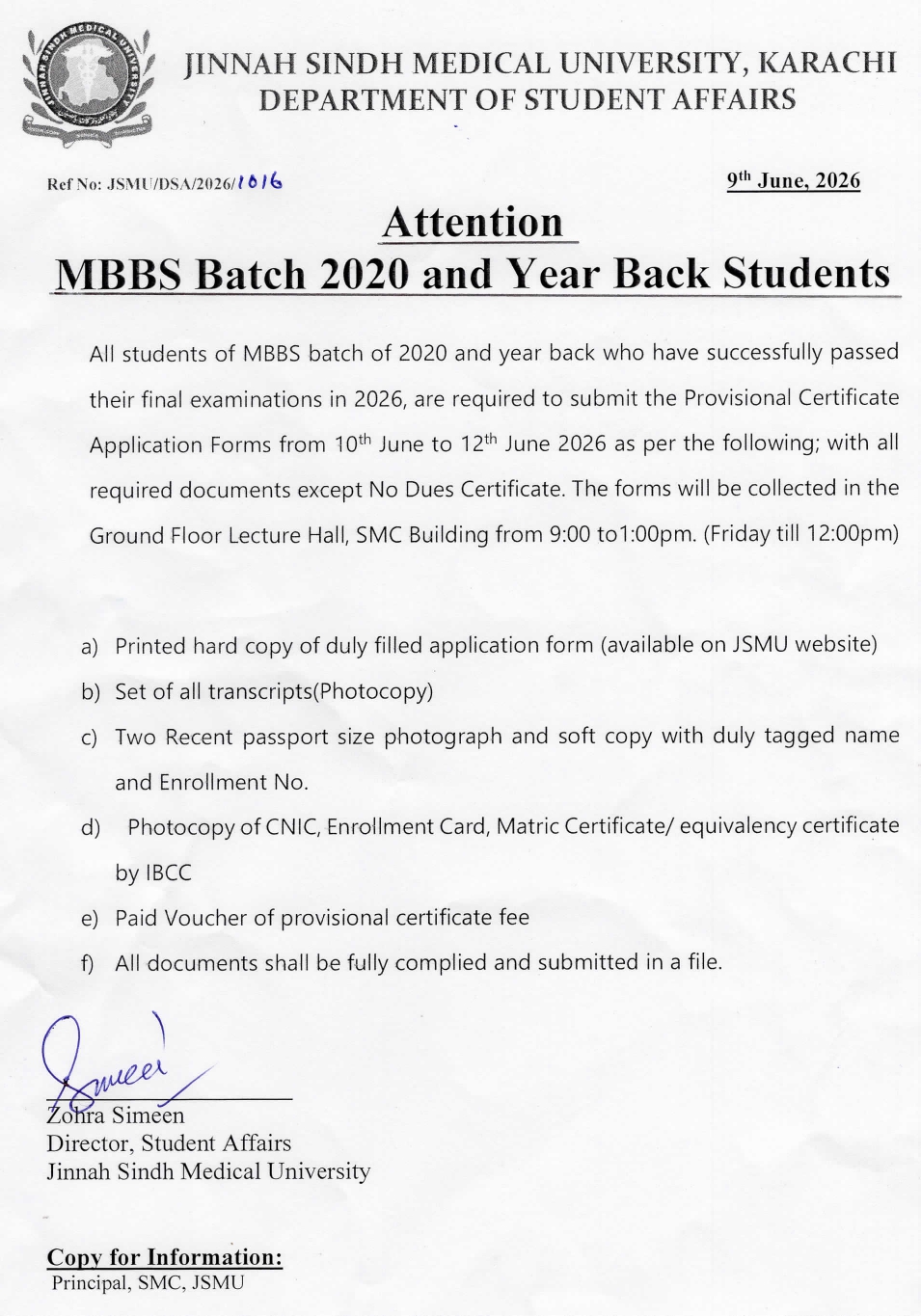 JSMU Issues Certificate Application Submission Notice for MBBS Students 2026 JSMU Issues Certificate Application Submission Notice for MBBS Students 2026
