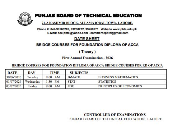 PBTE ACCA Foundation Diploma Bridge Course Date Sheet 2026