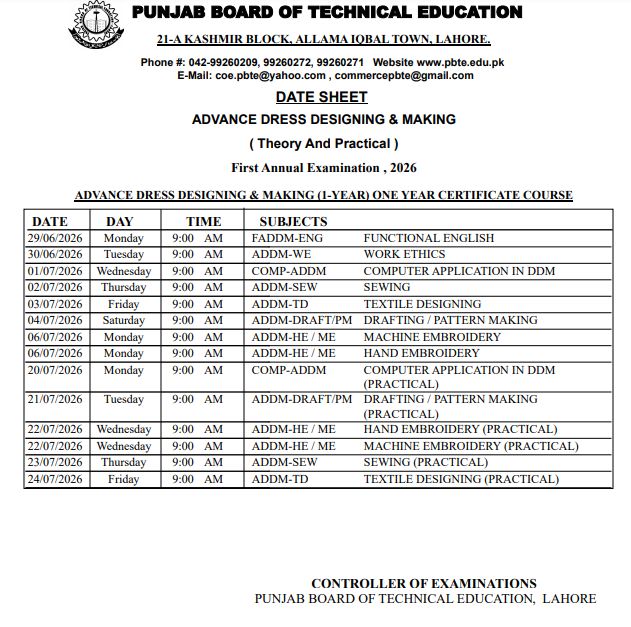 PBTE Release Advance Dress Designing Course Date Sheet 2026