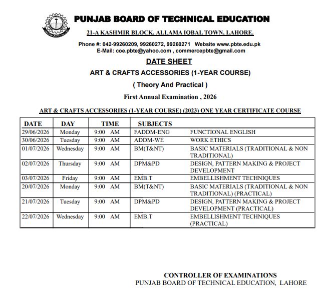 PBTE Art Crafts Accessories Exam Date Sheet 2026