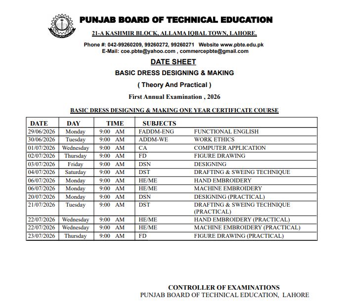 PBTE Basic Dress Designing Date Sheet 2026