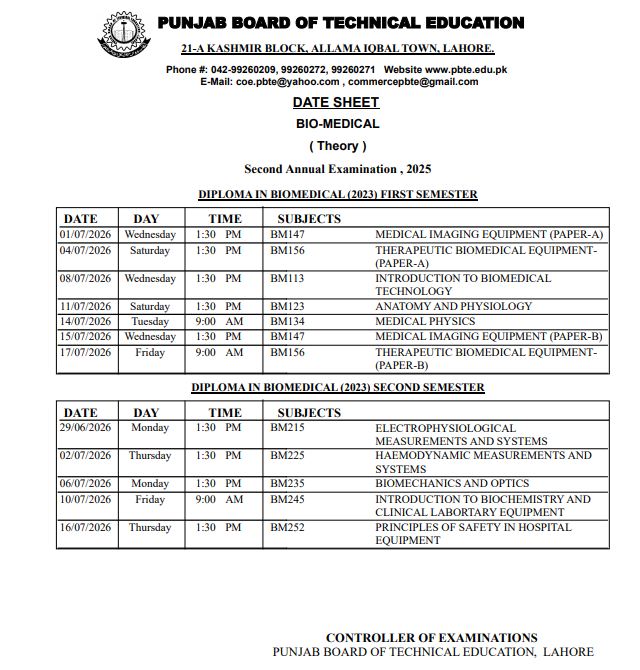 PBTE Biomedical Technology Diploma Date Sheet 2026