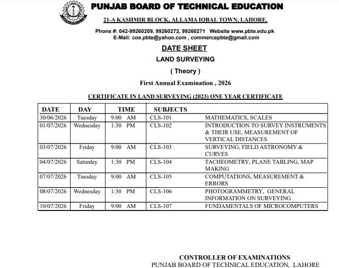 PBTE Certificate in Land Surveying Date Sheet 2026