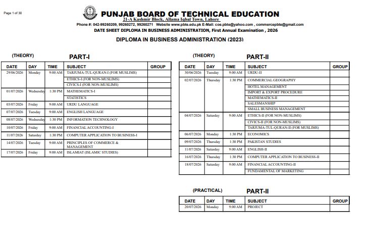 PBTE Commerce Diploma Date Sheet 2026 Issued