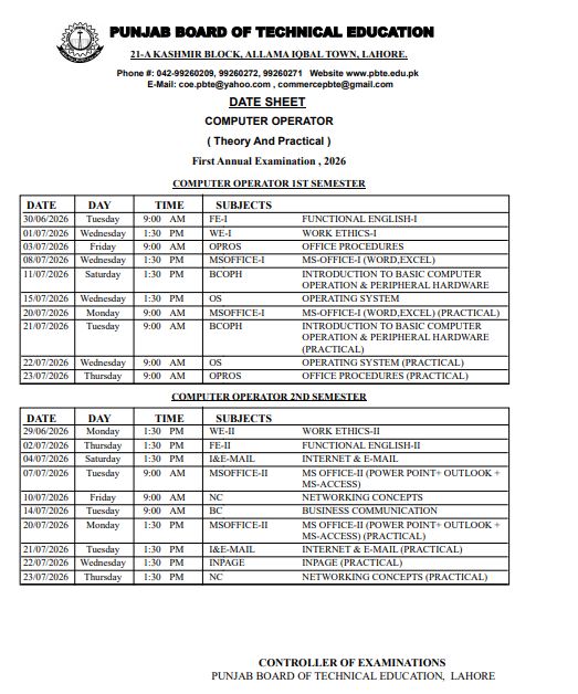 PBTE Computer Operator Diploma Date Sheet 2026