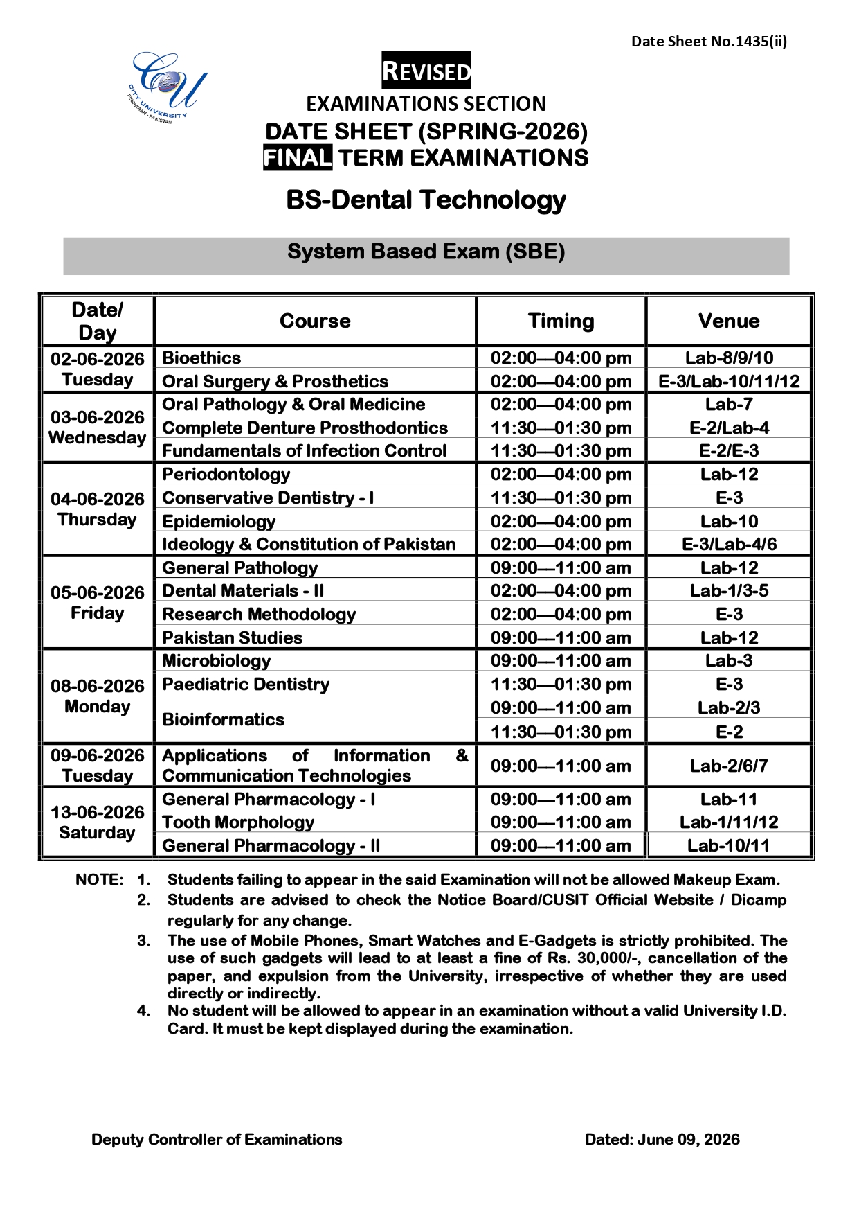 CUSIT Date Sheet 2026 Announced for Bachelor Programs Exams