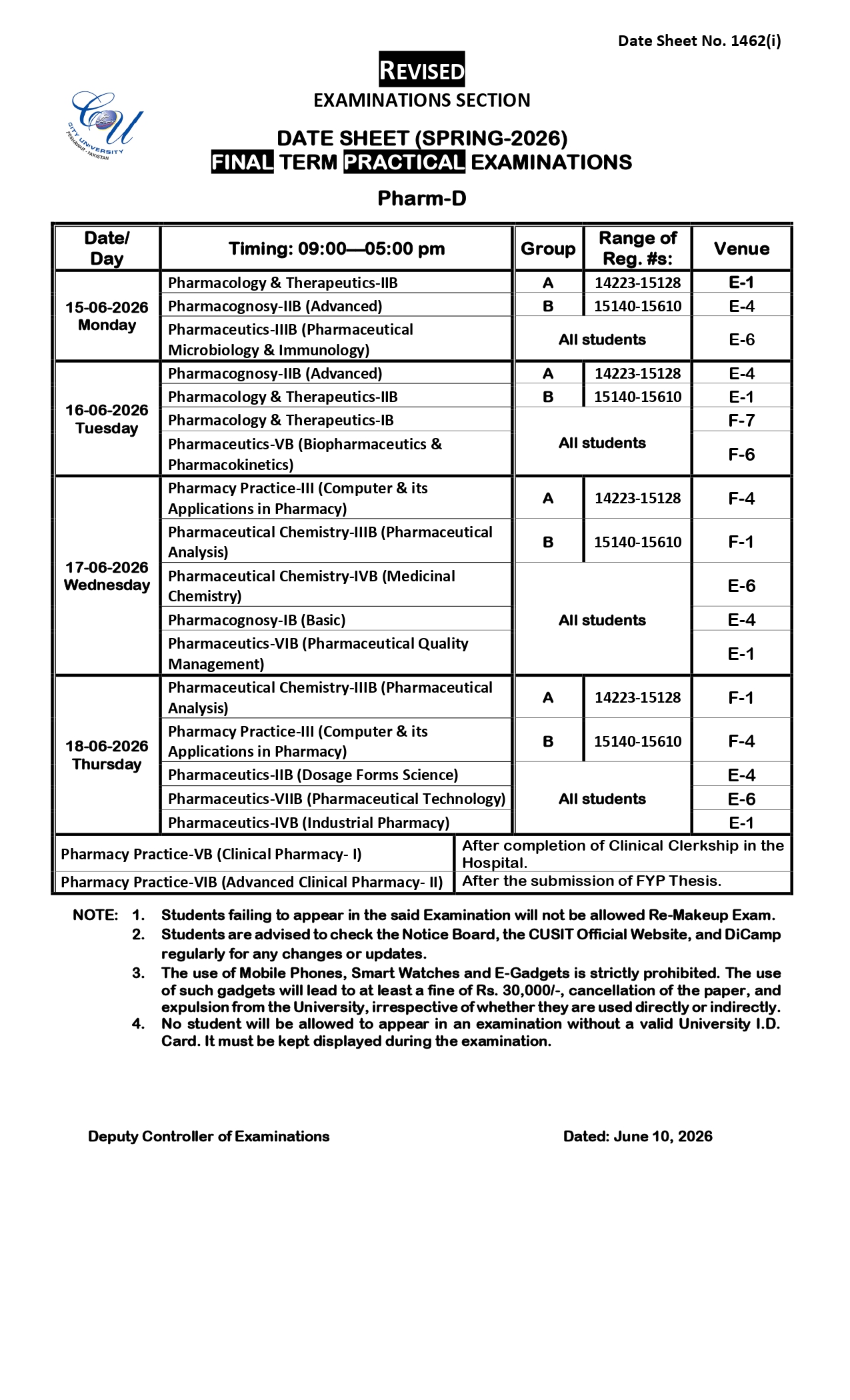 CUSIT Announces PharmD Exams Date Sheet 2026 for Students